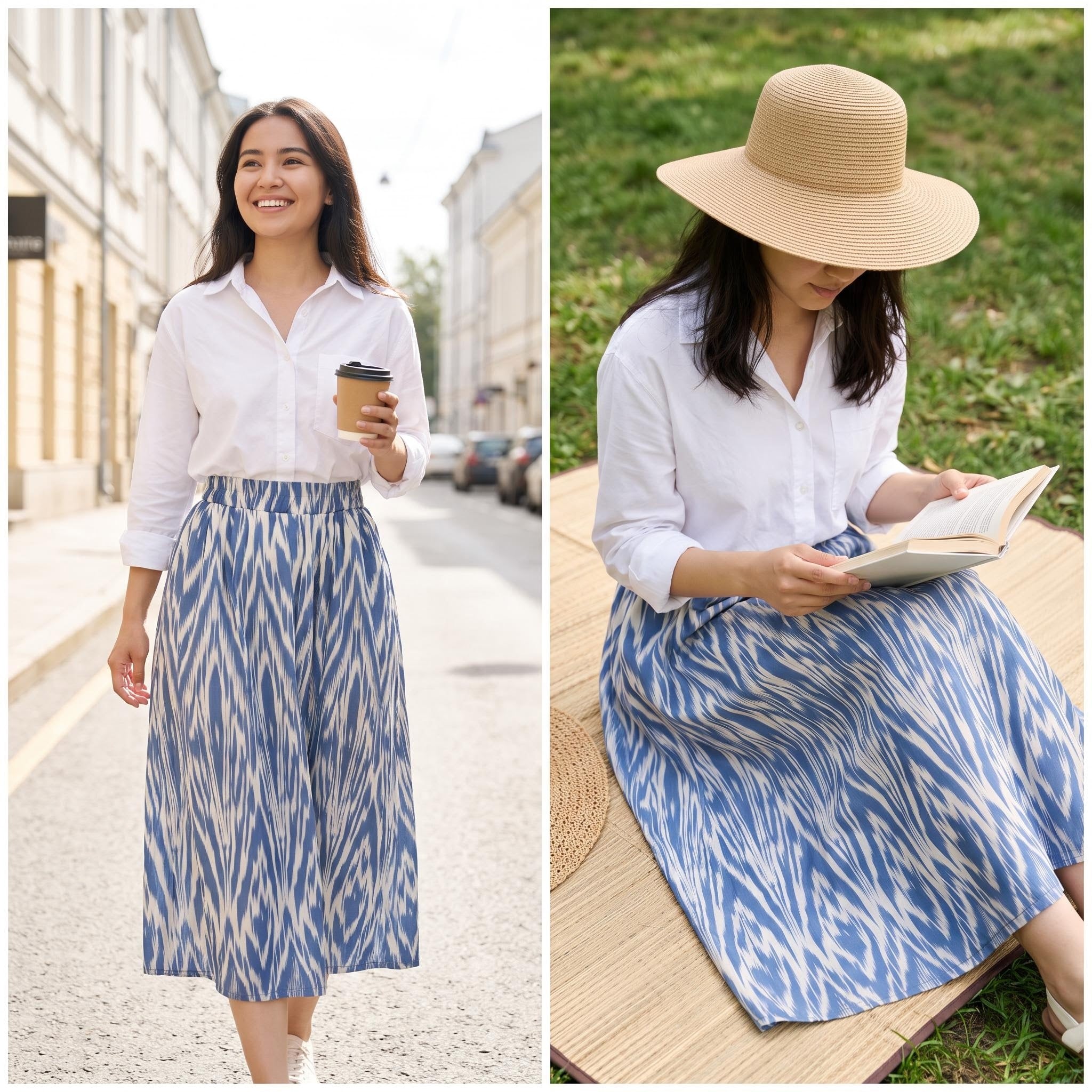 Women's Ikat Linen Maxi Skirt – 100% Linen Heritage A-Line Skirt(One Size)
