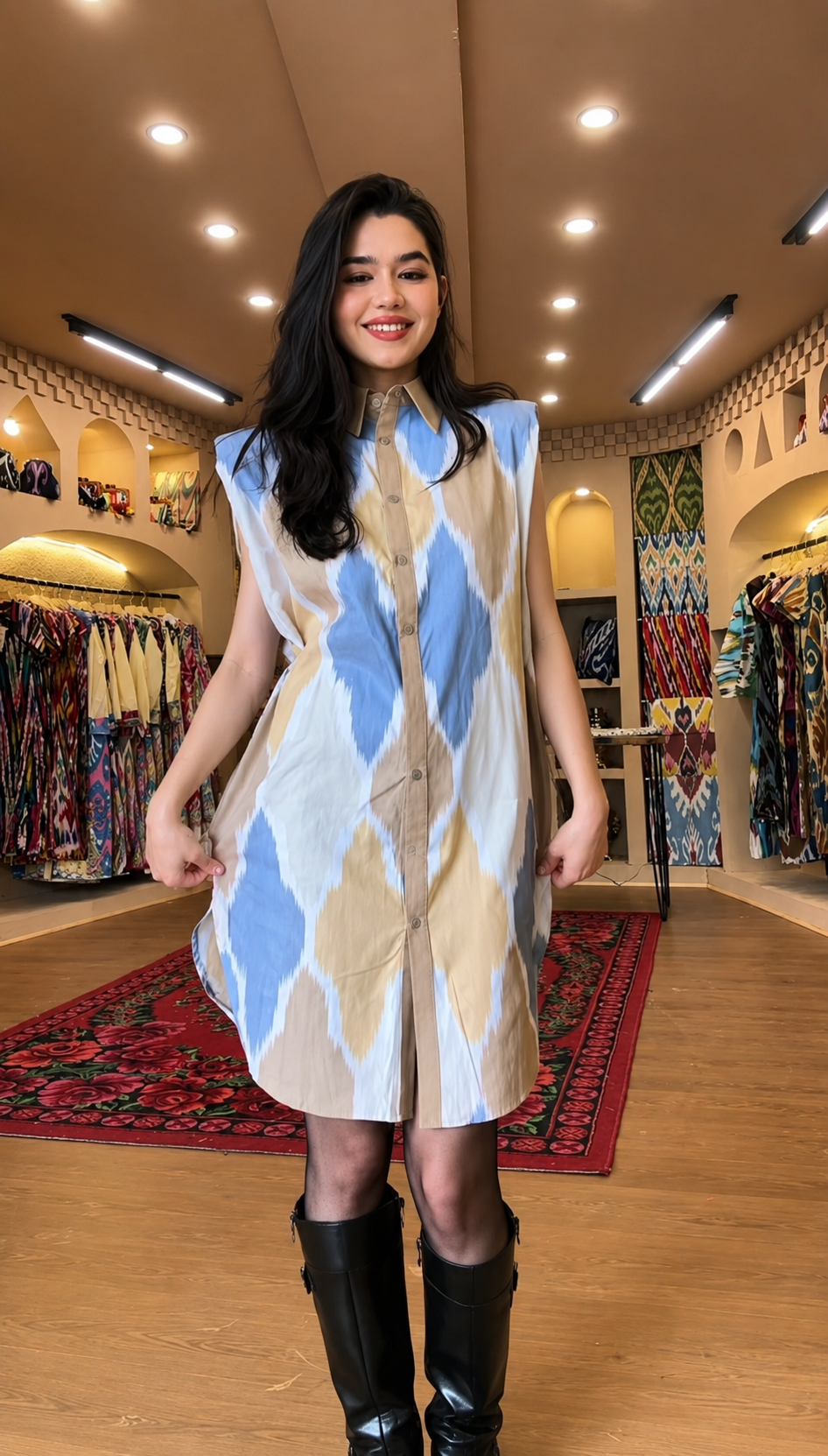 Cotton Ikat Sleeveless Shirt Dress