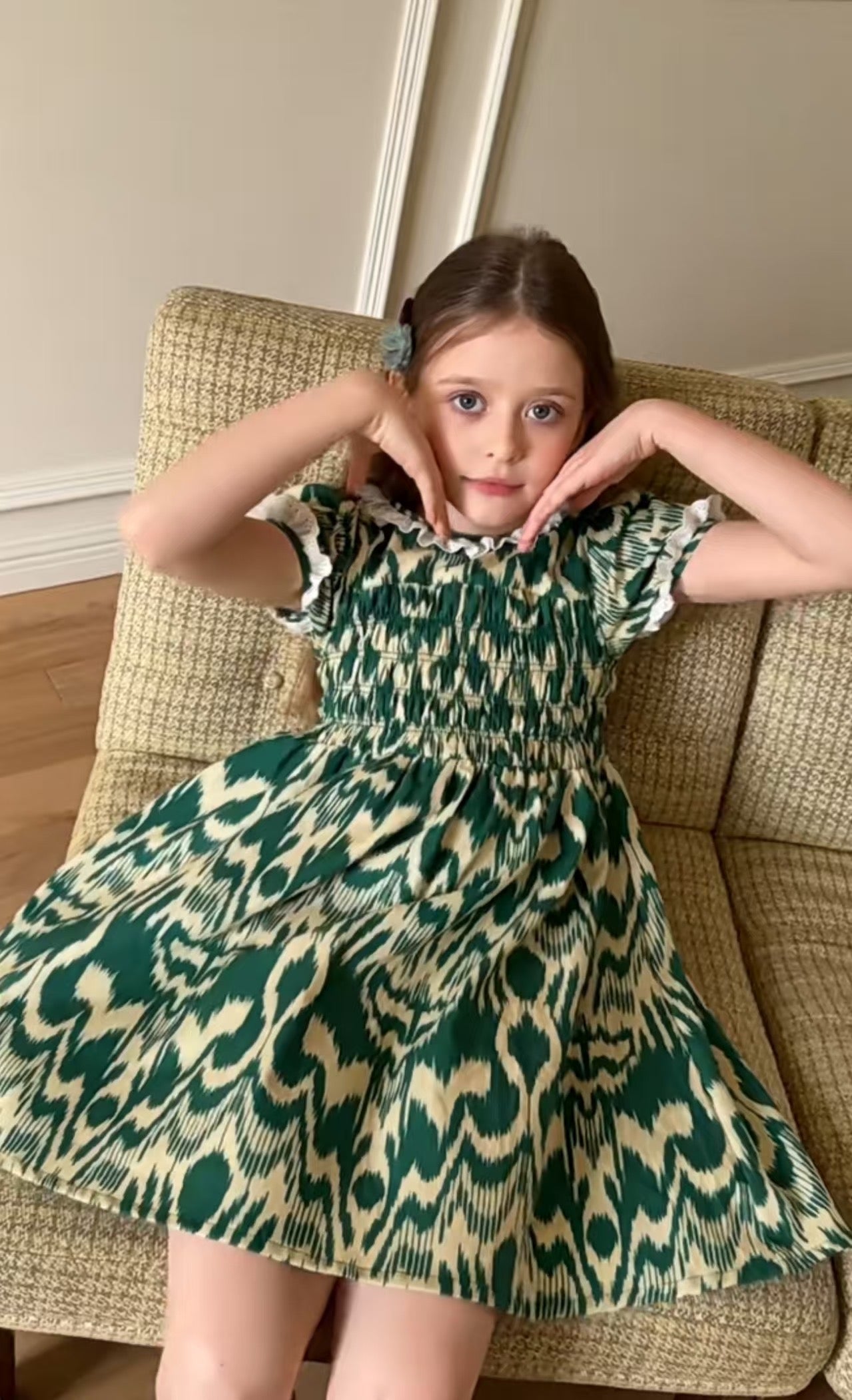 Green Atlas Cotton Dress for Girls – Smocked Vintage Princess Dress