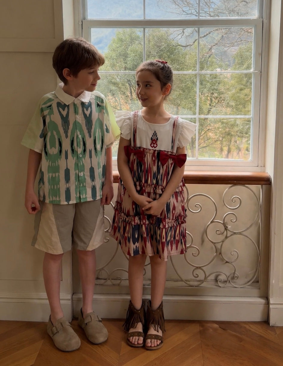 Girls Atlas Ikat Ruffle Dress – Cotton Vintage Style Summer Dress