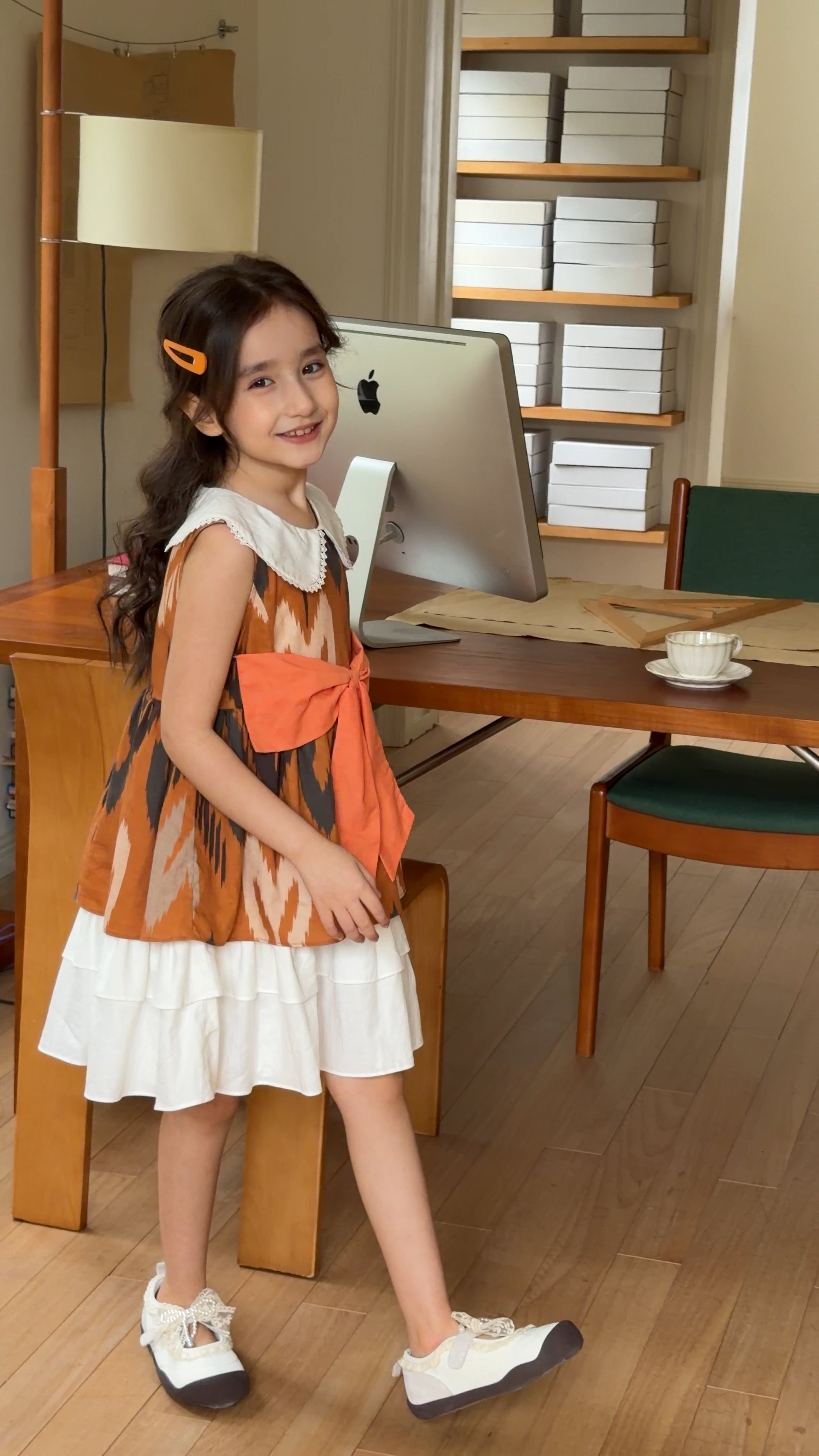 Girls Atlas Ikat Princess Dress with Bow – Elegant Cotton Party Dress