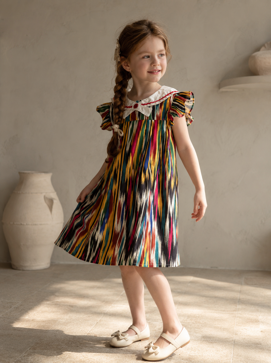 Child wearing a colorful Atlas and Ikat heritage-inspired Liwanay dress