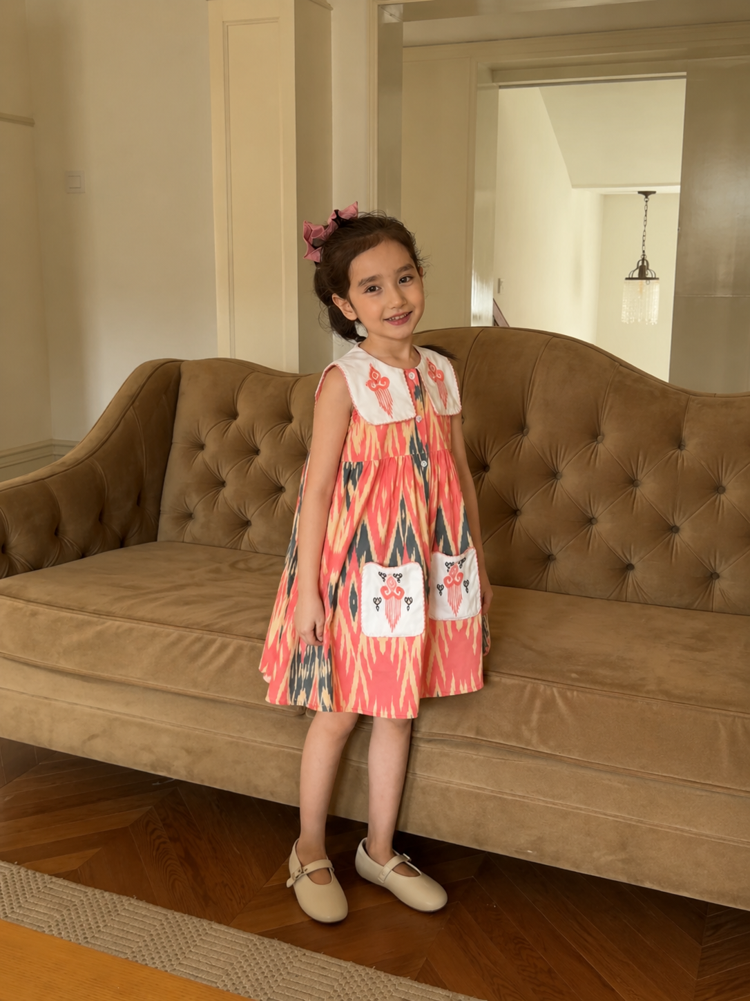 Girls Atlas Ikat Cotton Dress – Embroidered Collar Dress with Patch Pocket Design