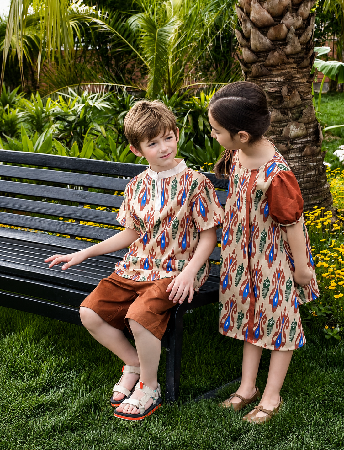 Siblings Set – Rust Ikat Dress & 2-Piece Boy’s Outfit