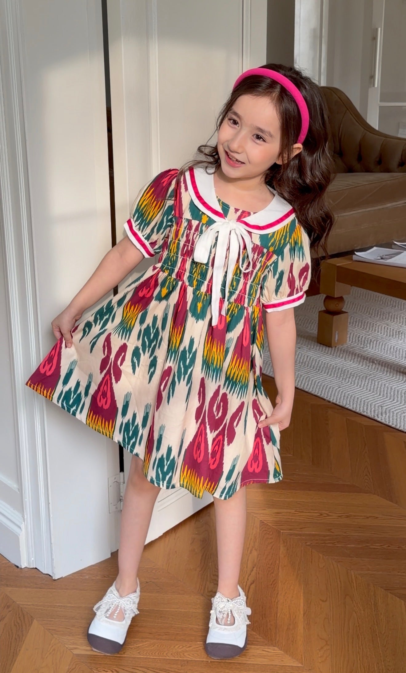 Girls Atlas Cotton Dress – Nautical Style Ikat Summer Dress