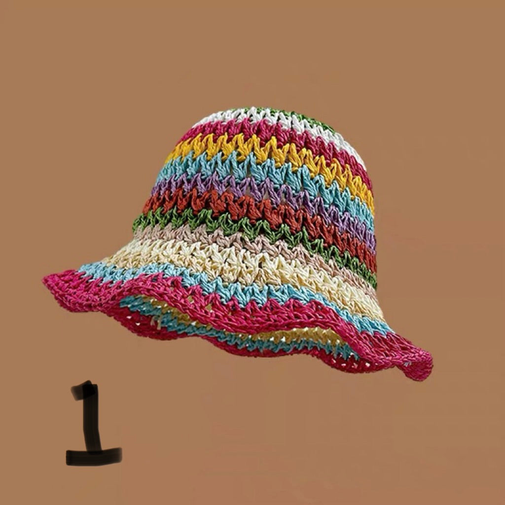 Rainbow Woven Sun Hat – Foldable Summer Beach Style (M 56–58 cm)