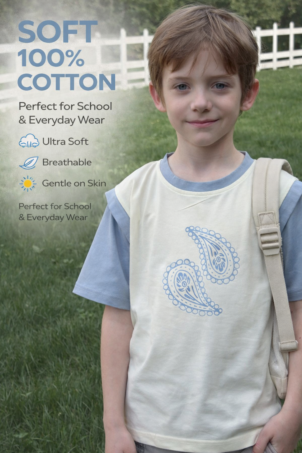 “Almond Blessing” Boys’ T-Shirt – Uyghur Badam Motif | Soft Cotton Blend