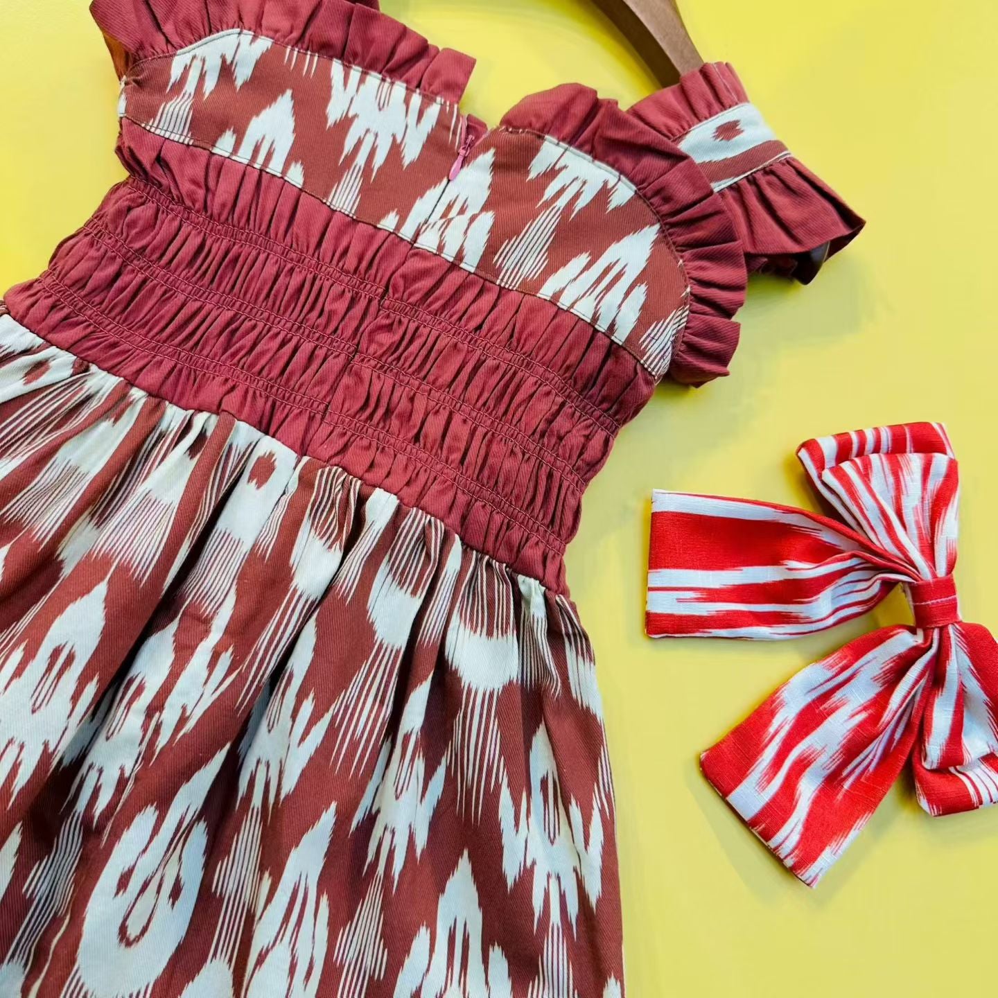 Girls Cotton Atlas Dress – Smocked Ikat Dress (Red & Pink)