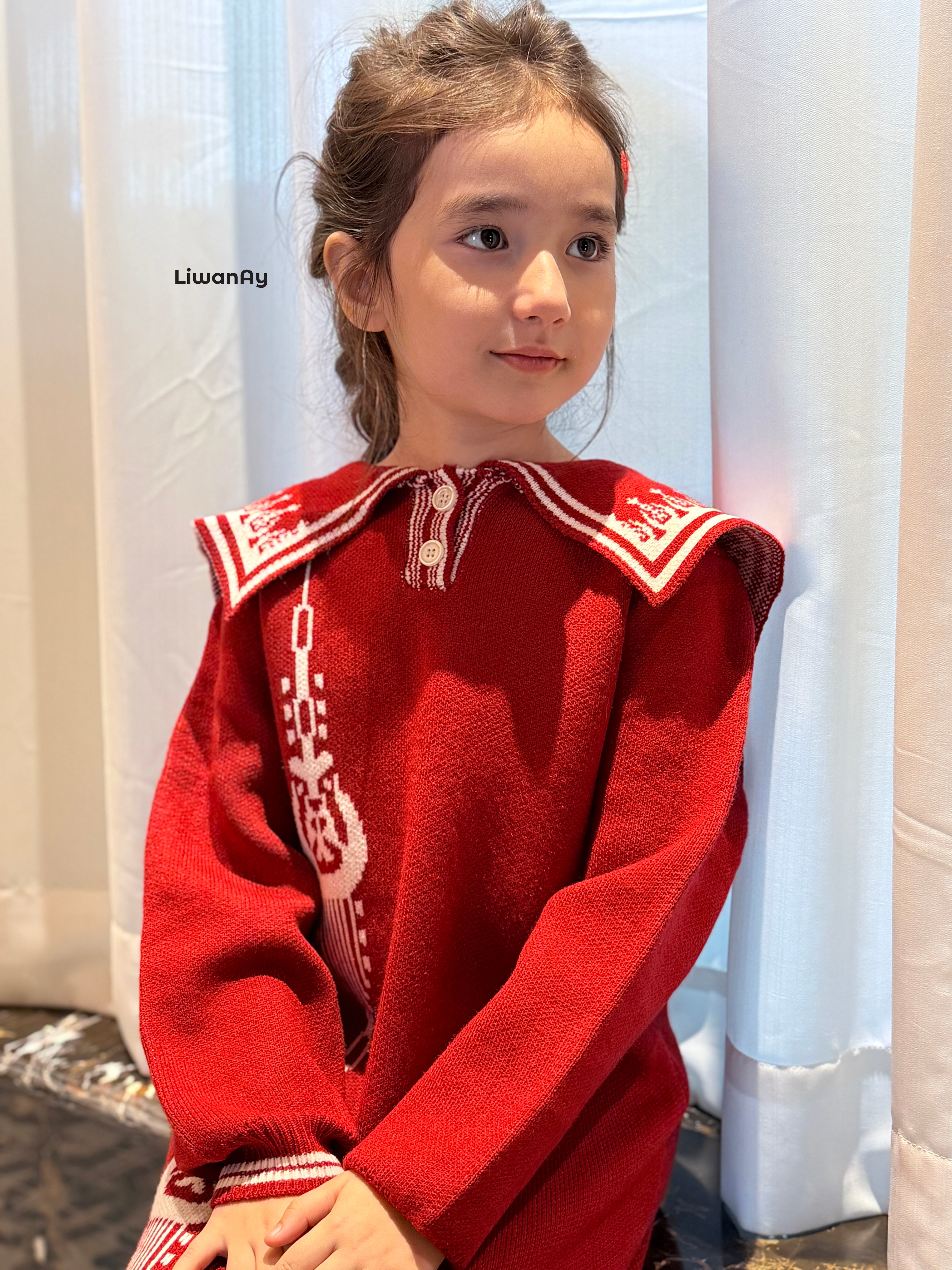Atlas Knit Dress – Red Cultural Sweater Dress for Girls