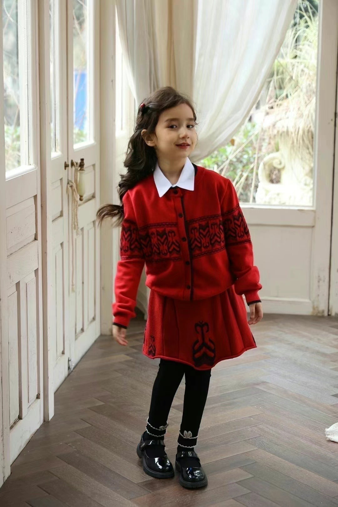 Girls’ Knit Two-Piece Set – Soft Red Cardigan & Skirt