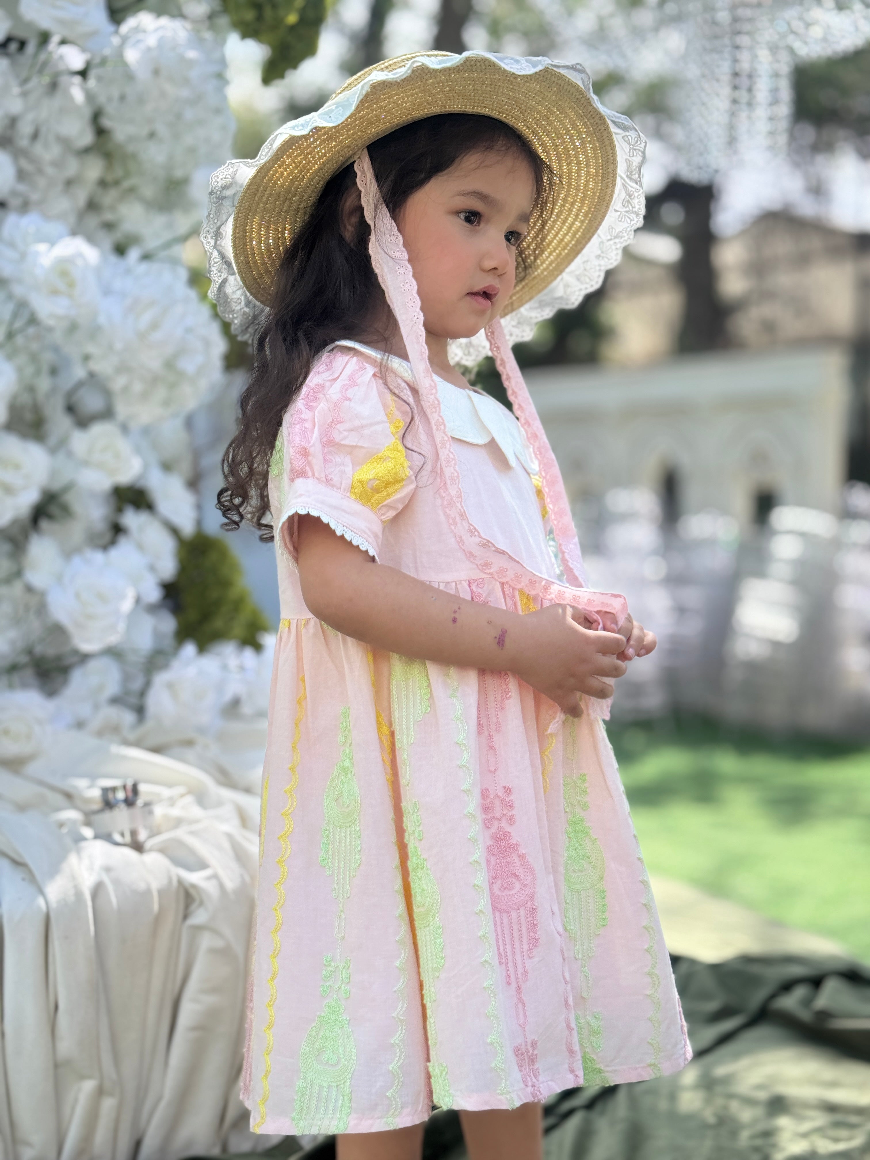 Girls Premium Cotton Atlas Dress – Soft Pink Elegant Summer Dress with Peter Pan Collar