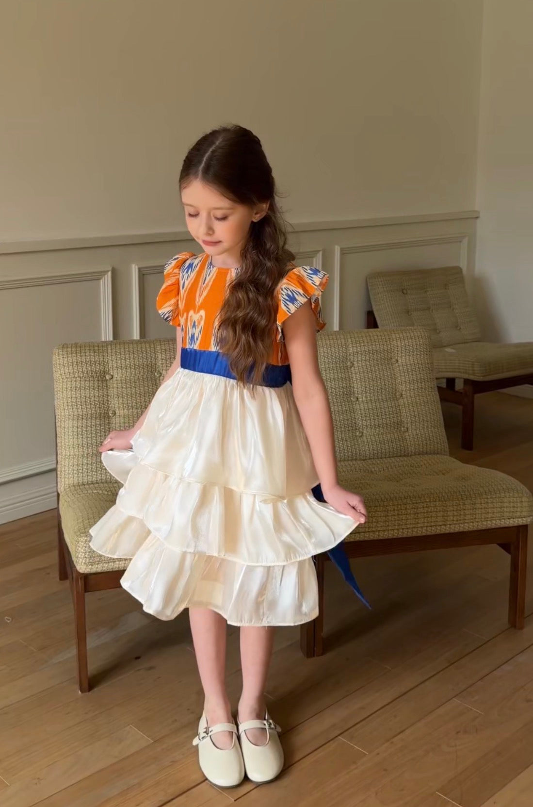 Girls Atlas Ikat Princess Dress – Layered Cotton Dress with Ribbon Waist