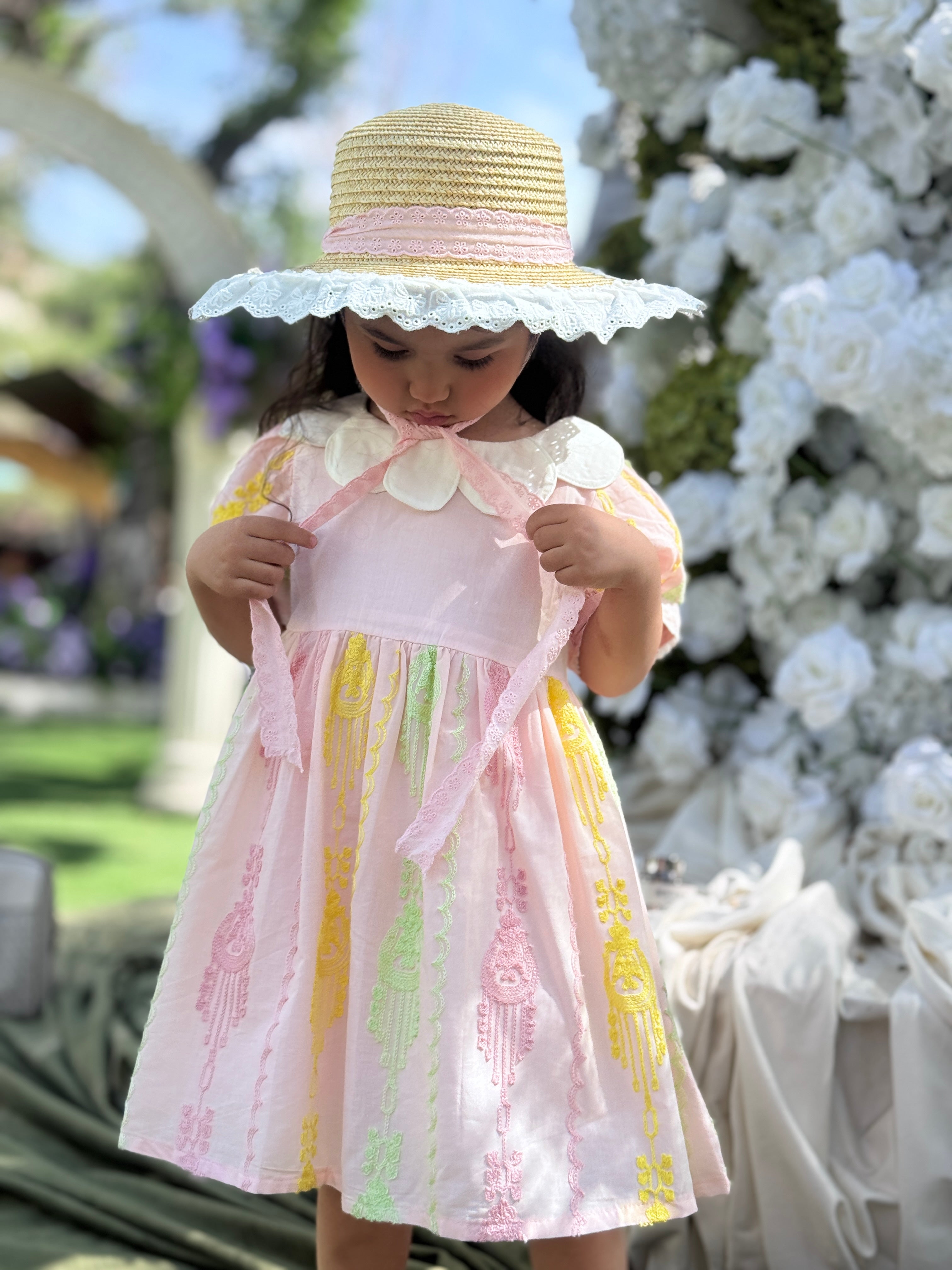 Girls Premium Cotton Atlas Dress – Soft Pink Elegant Summer Dress with Peter Pan Collar