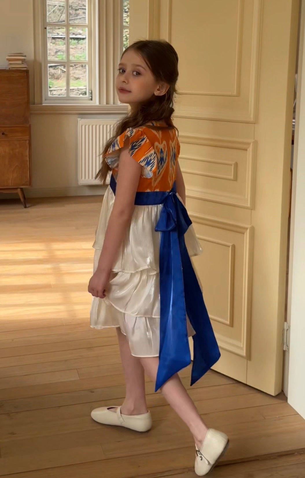 Girls Atlas Ikat Princess Dress – Layered Cotton Dress with Ribbon Waist