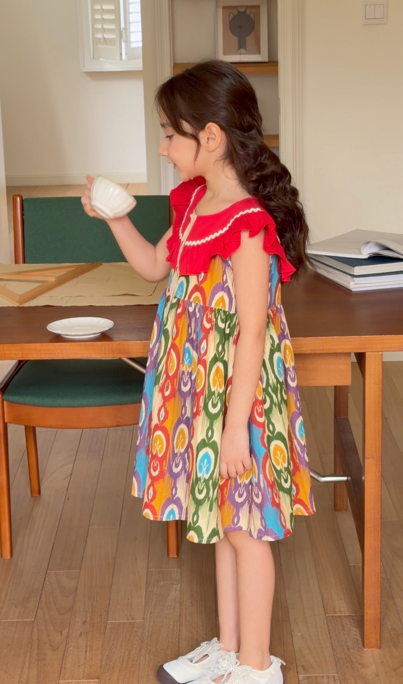 Girls Atlas Ikat Cotton Dress – Colorful Ruffle Summer Party Dress