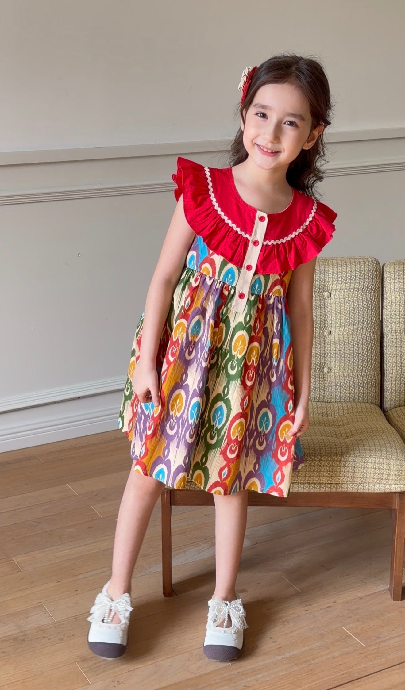 Girls Atlas Ikat Cotton Dress – Colorful Ruffle Summer Party Dress