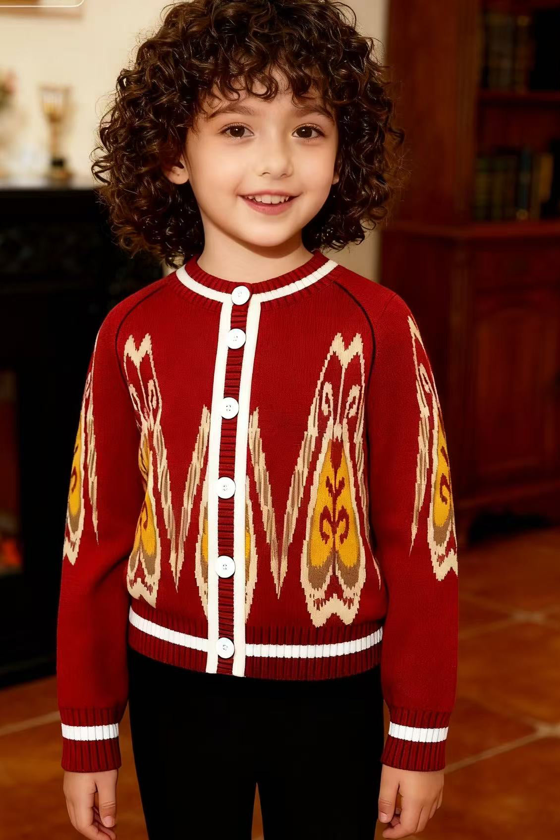 Red Ikat Knit Cardigan for Girls | Cultural Pattern Button-Up Sweater | Soft Knitted Jacket