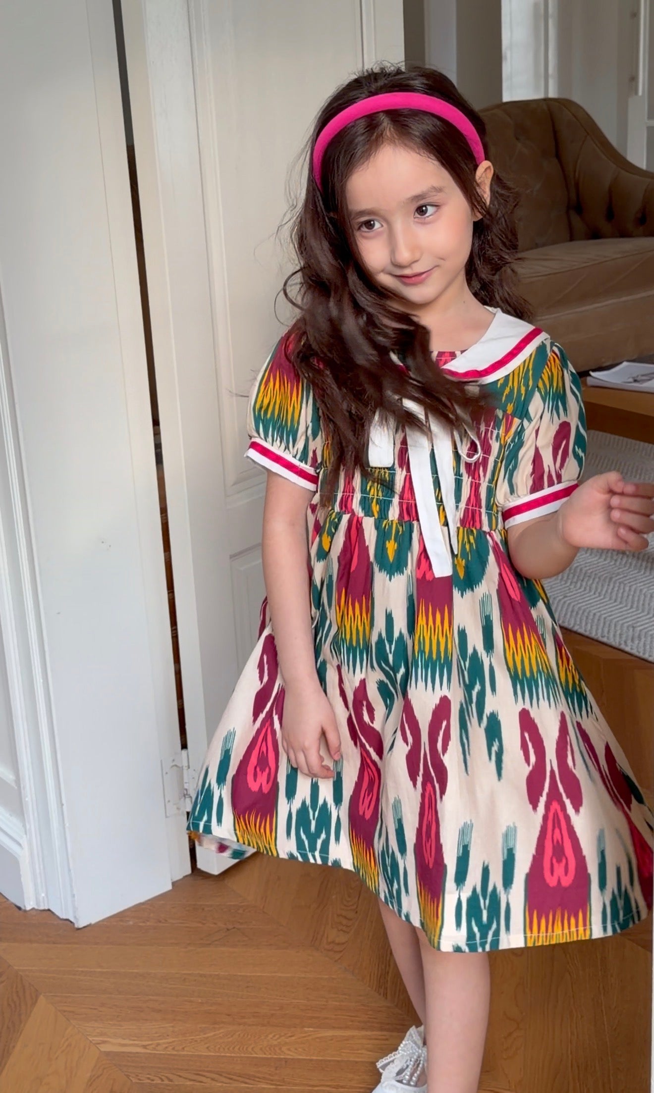 Girls Atlas Cotton Dress – Nautical Style Ikat Summer Dress