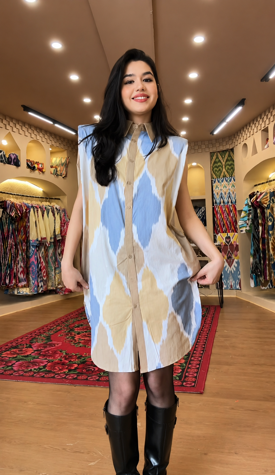Cotton Ikat Sleeveless Shirt Dress