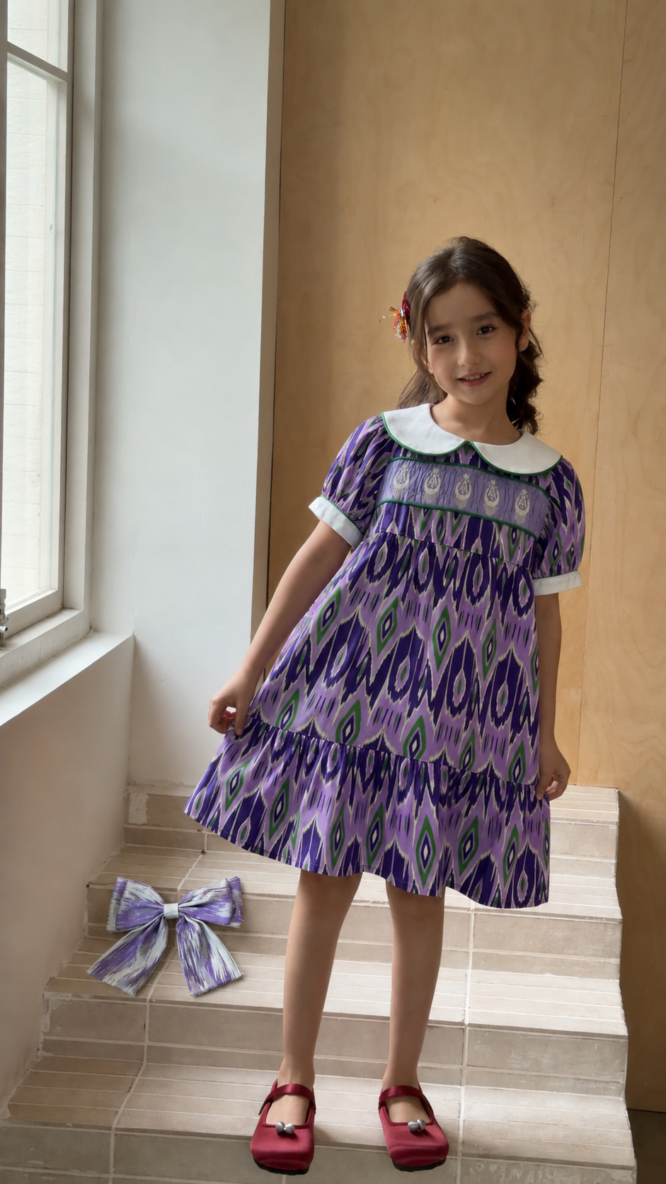 Girls Cotton Atlas Dress – Purple Ikat Dress with Peter Pan Collar