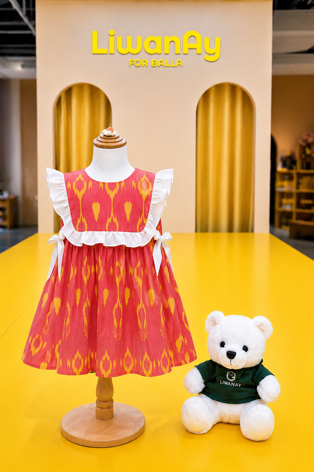 “Sunberry Bloom” Atlas Cotton Dress – Red & Gold | Ruffle Shoulder Summer Style