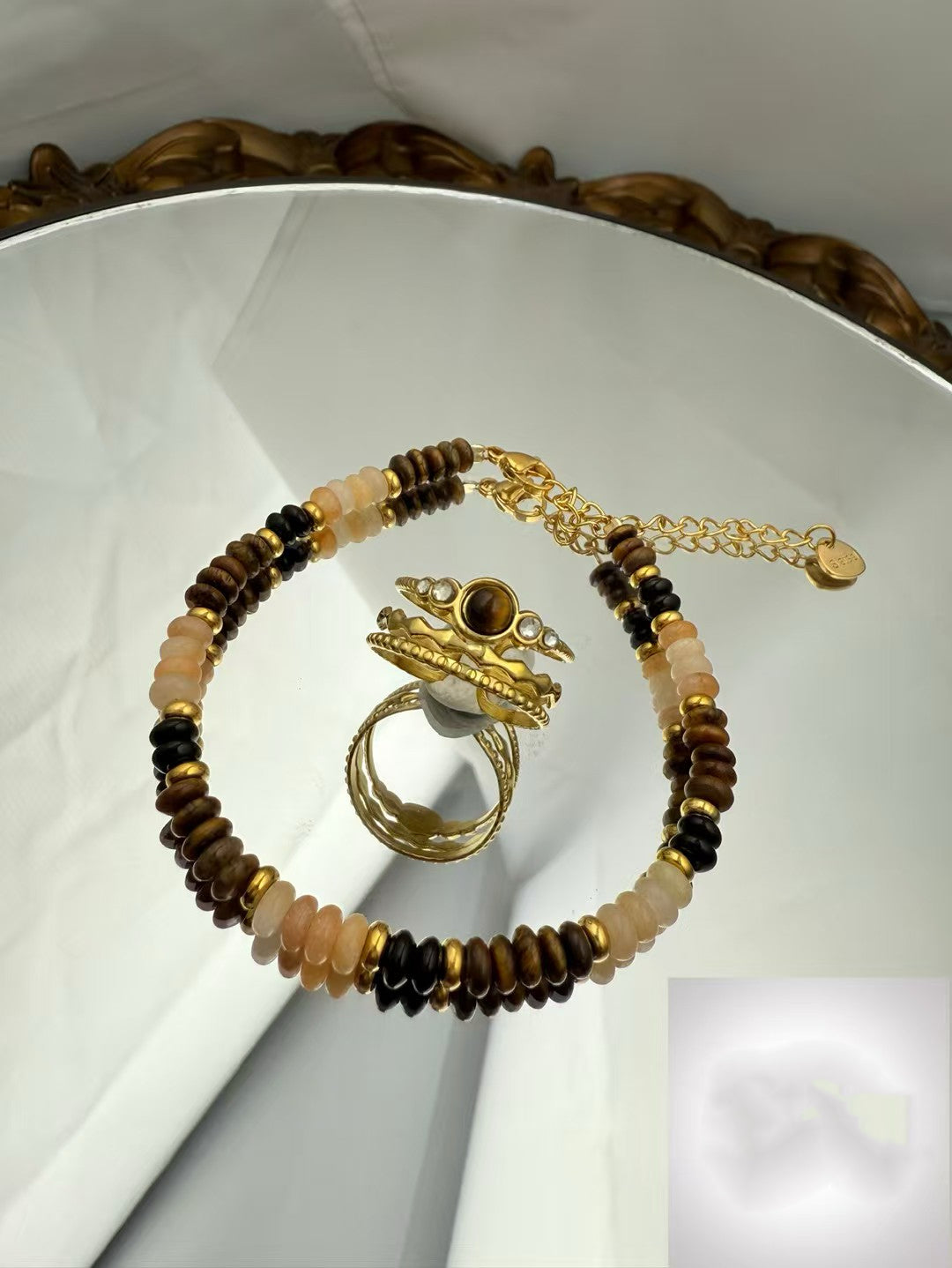 Gold Color Stainless Steel Adjustable Beaded Bracelet  and rings