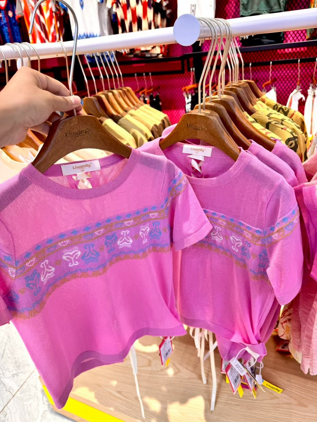 Pink Silk-Feel Tee with Ethnic Embroidery & Lace-Up Back