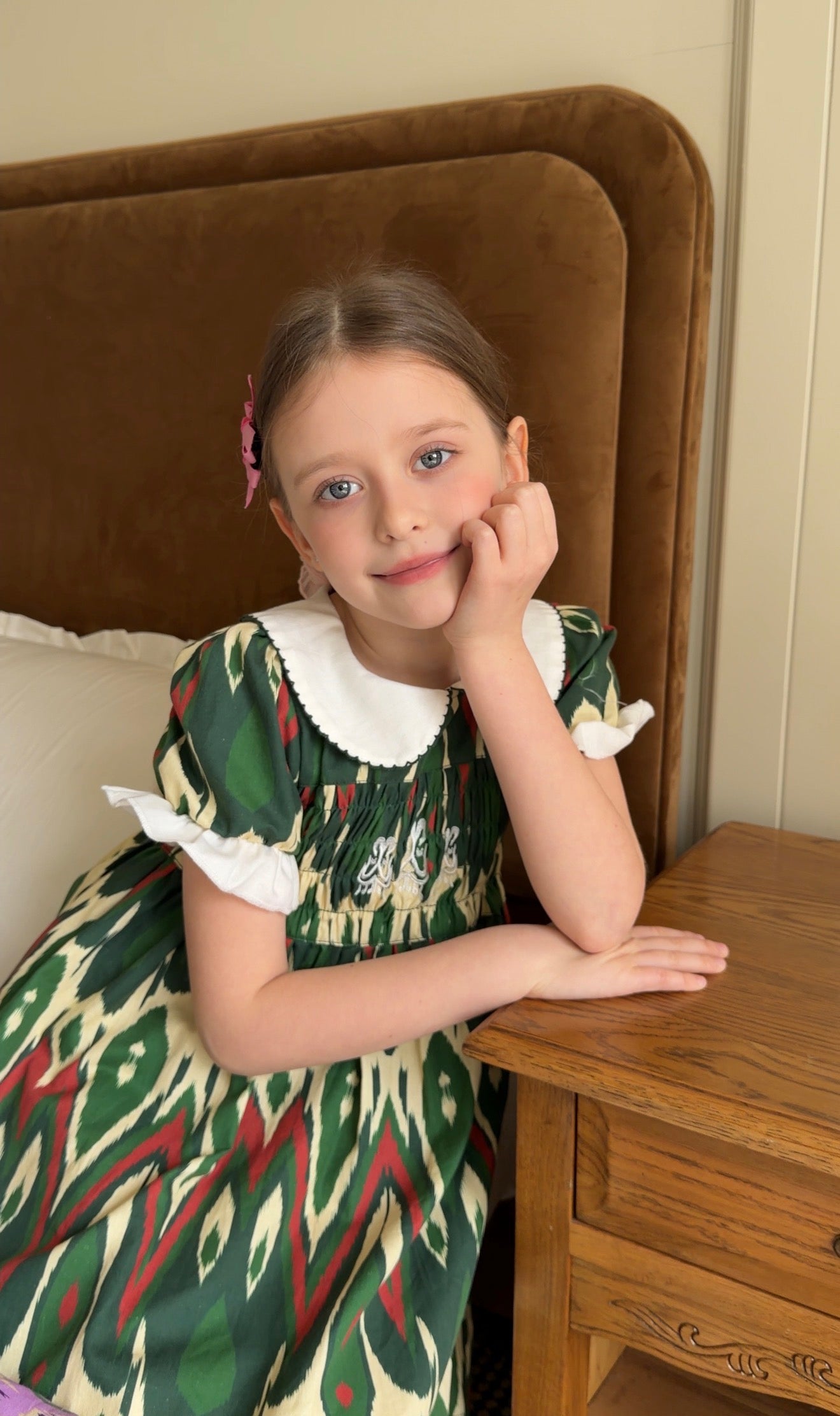 Girls Cotton Atlas Dress – Green Ikat Dress with Peter Pan Collar & Smocked Bodice