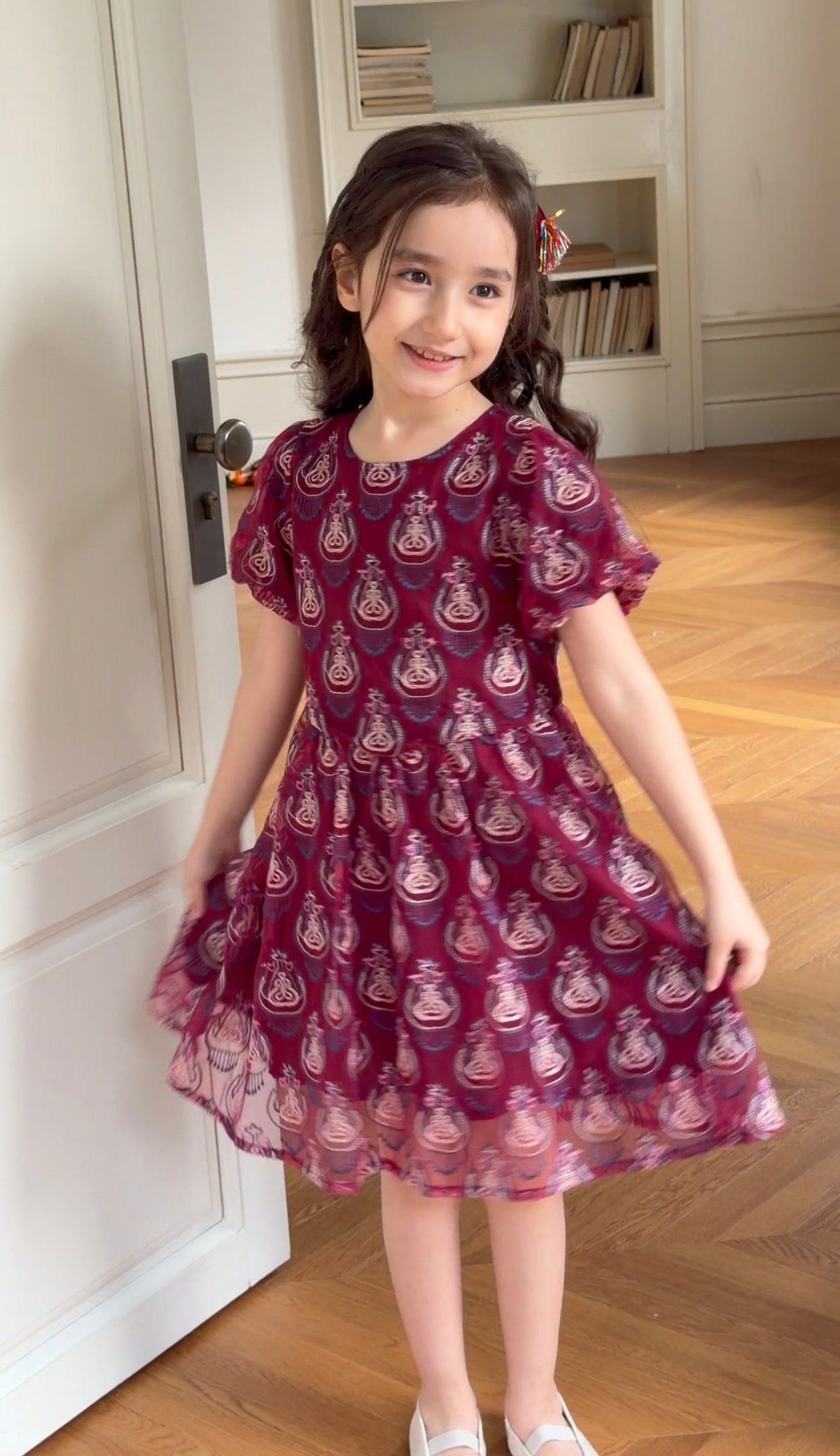 Girls Cotton Blend Atlas Dress – Burgundy Ikat Flowy Dress