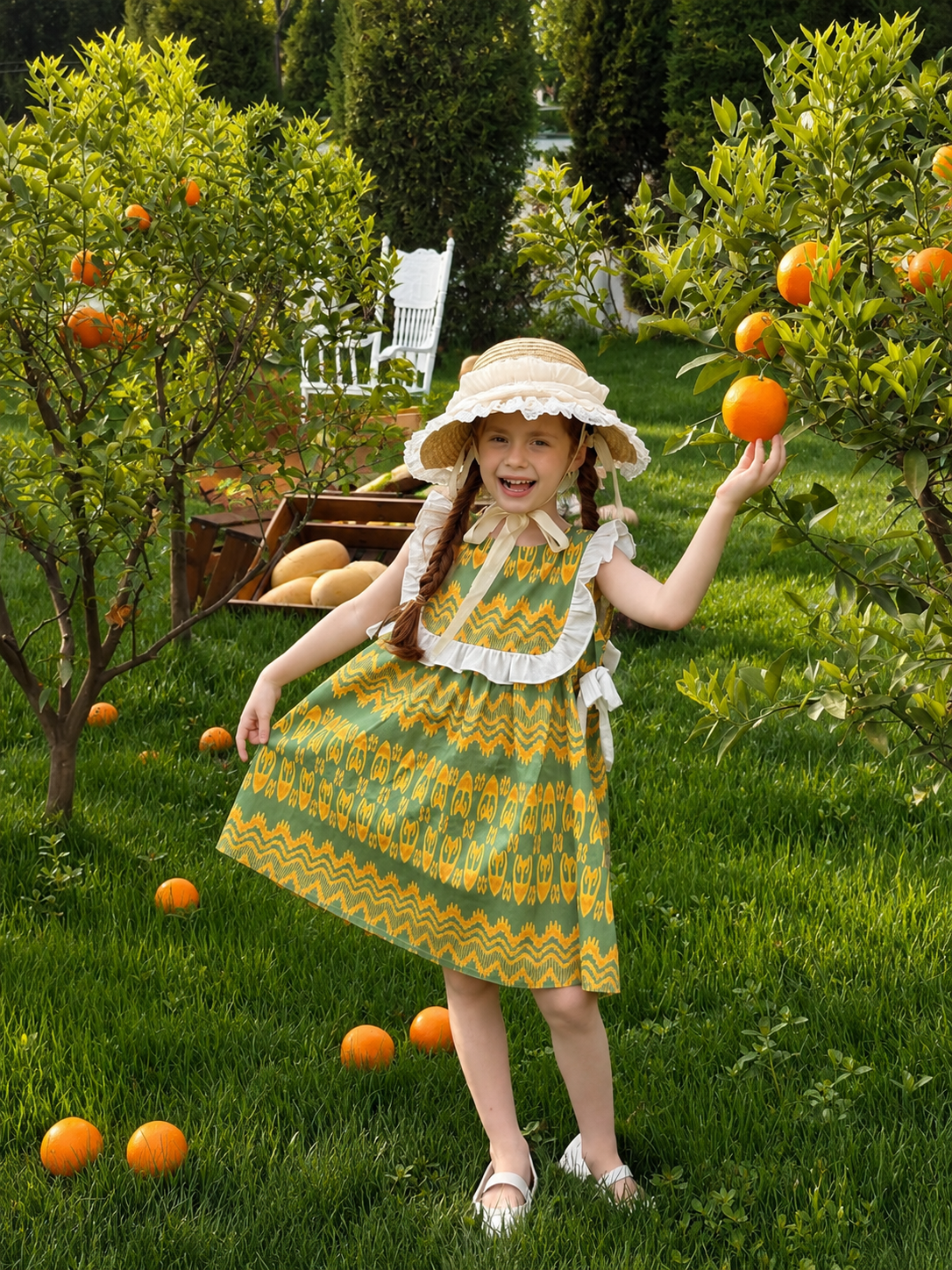 “Citrus Grove” Atlas Cotton Dress – Ruffle Shoulder | Summer Green Edition