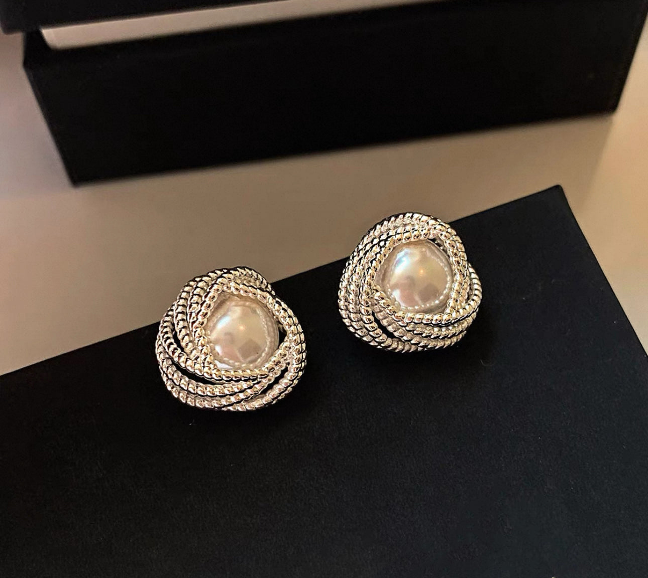 Silver Braided Knot Earrings with Austrian Pearls(10)