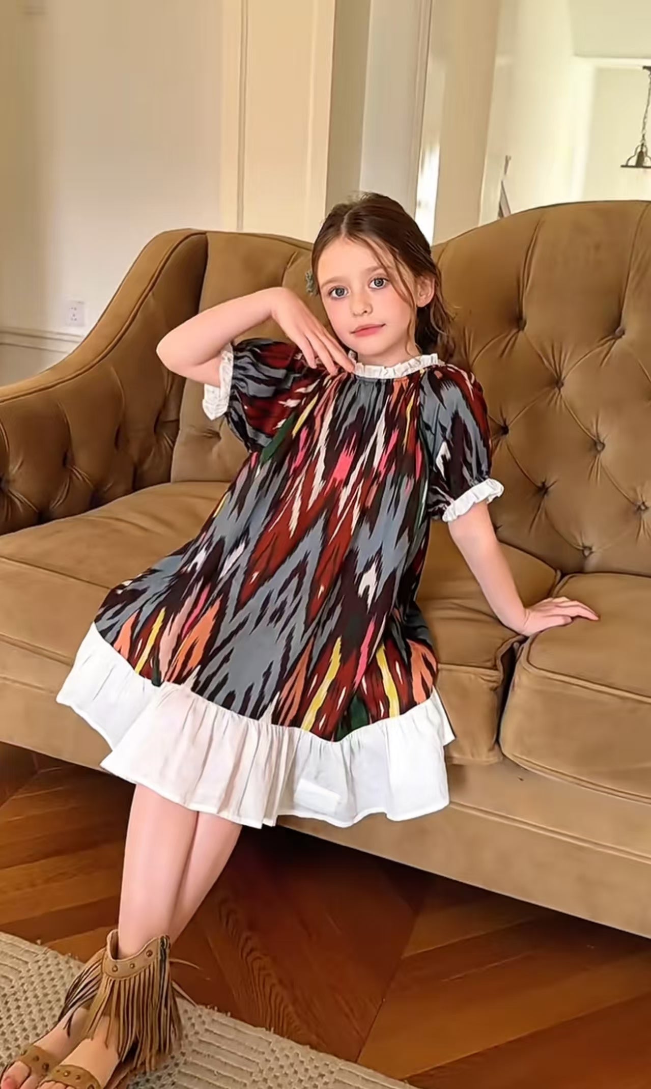 Luxury Atlas Cotton Dress for Girls – Elegant Vintage Princess Dress