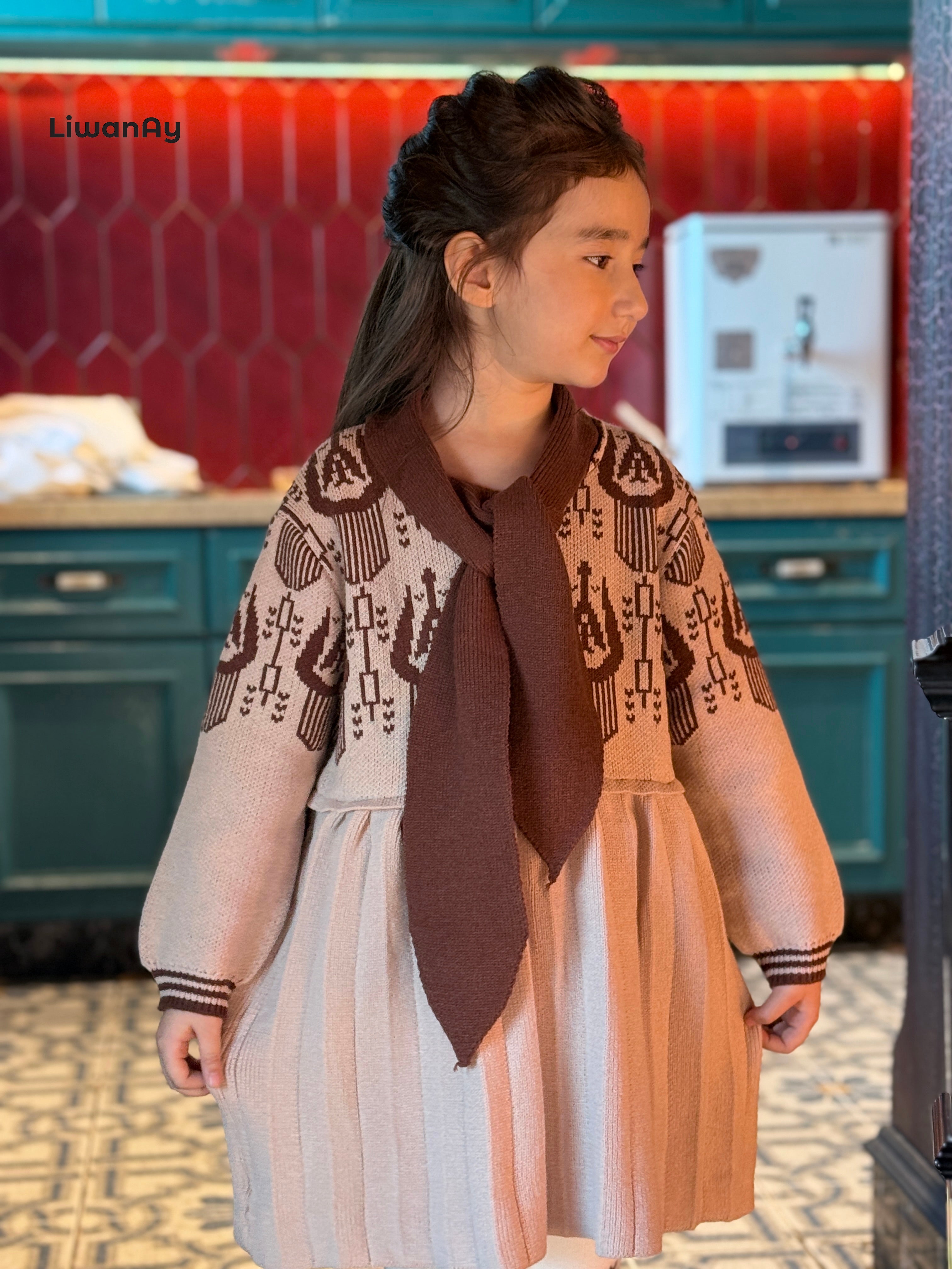 Vintage Atlas Knit Dress – Cultural Pattern Sweater Dress for Girls