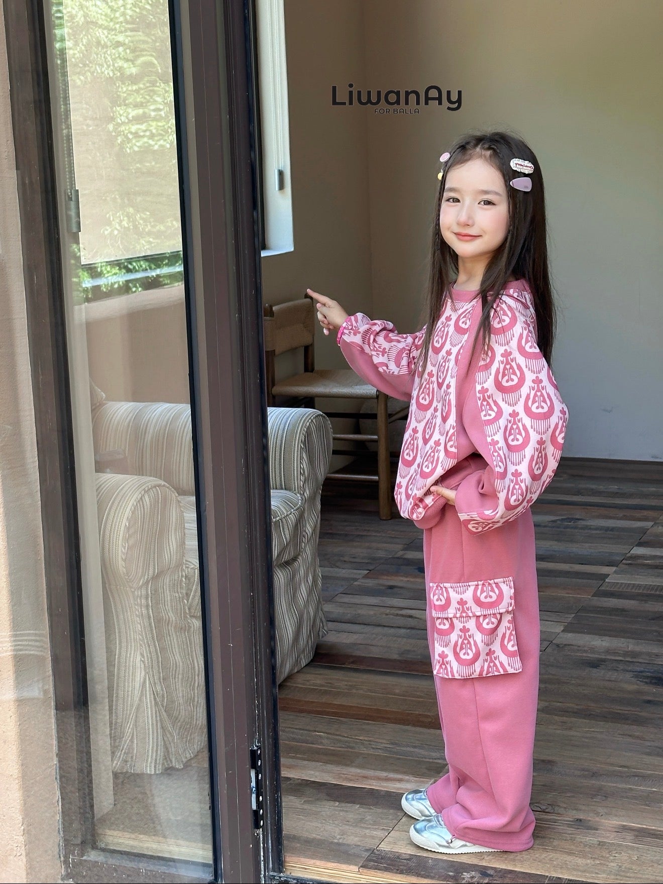 girls wearing pink ikat sweatshirt set comfortable kids outfit