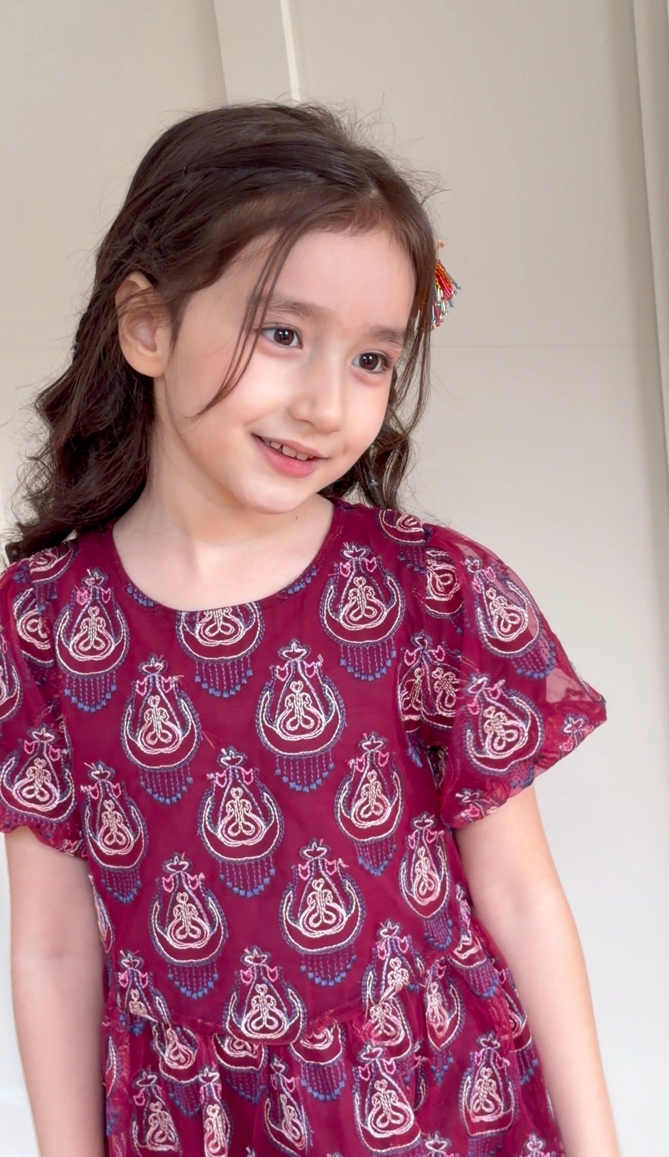 Girls Cotton Blend Atlas Dress – Burgundy Ikat Flowy Dress
