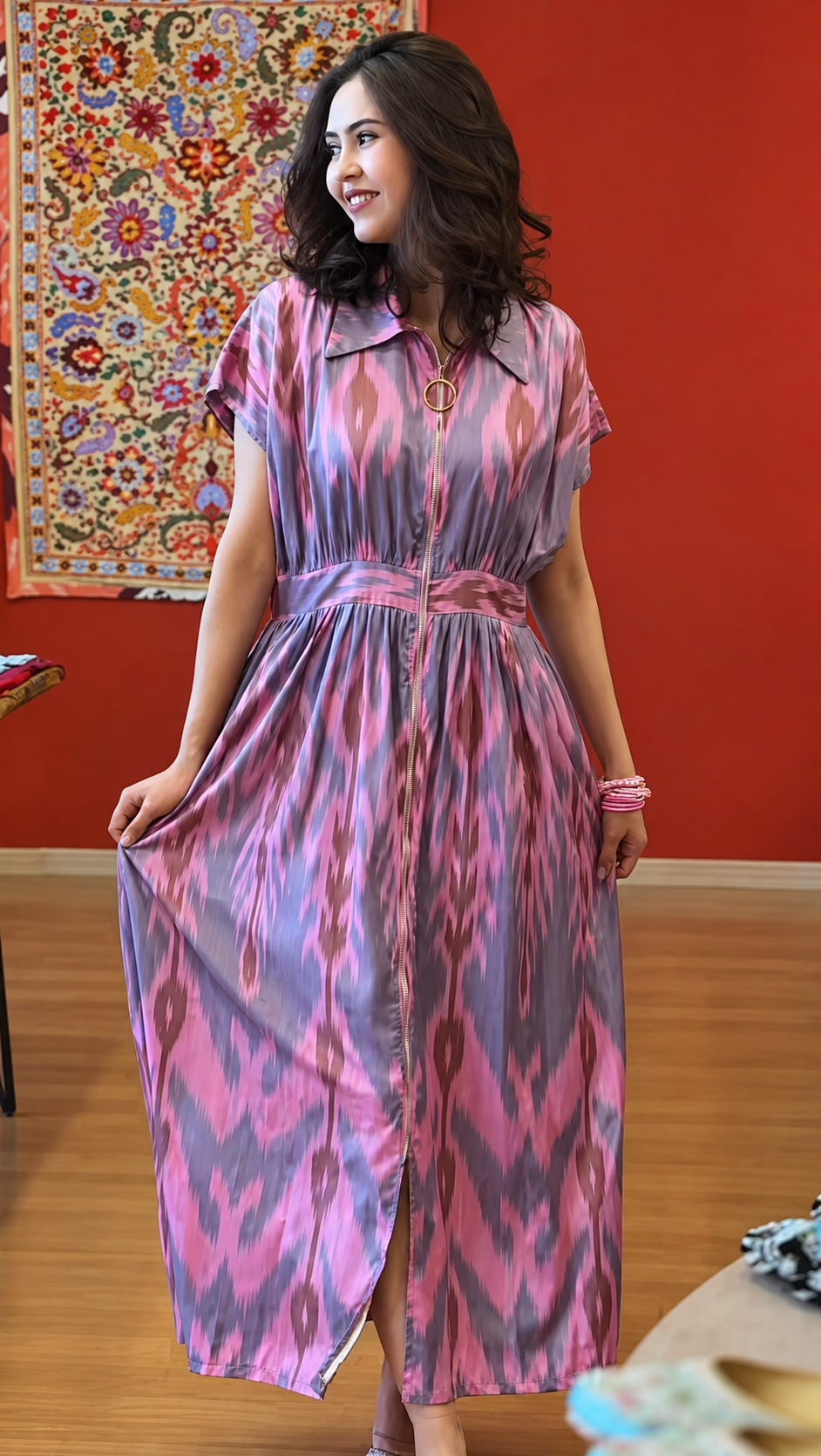 Azure Orchid Silk Blend Zip Dress
