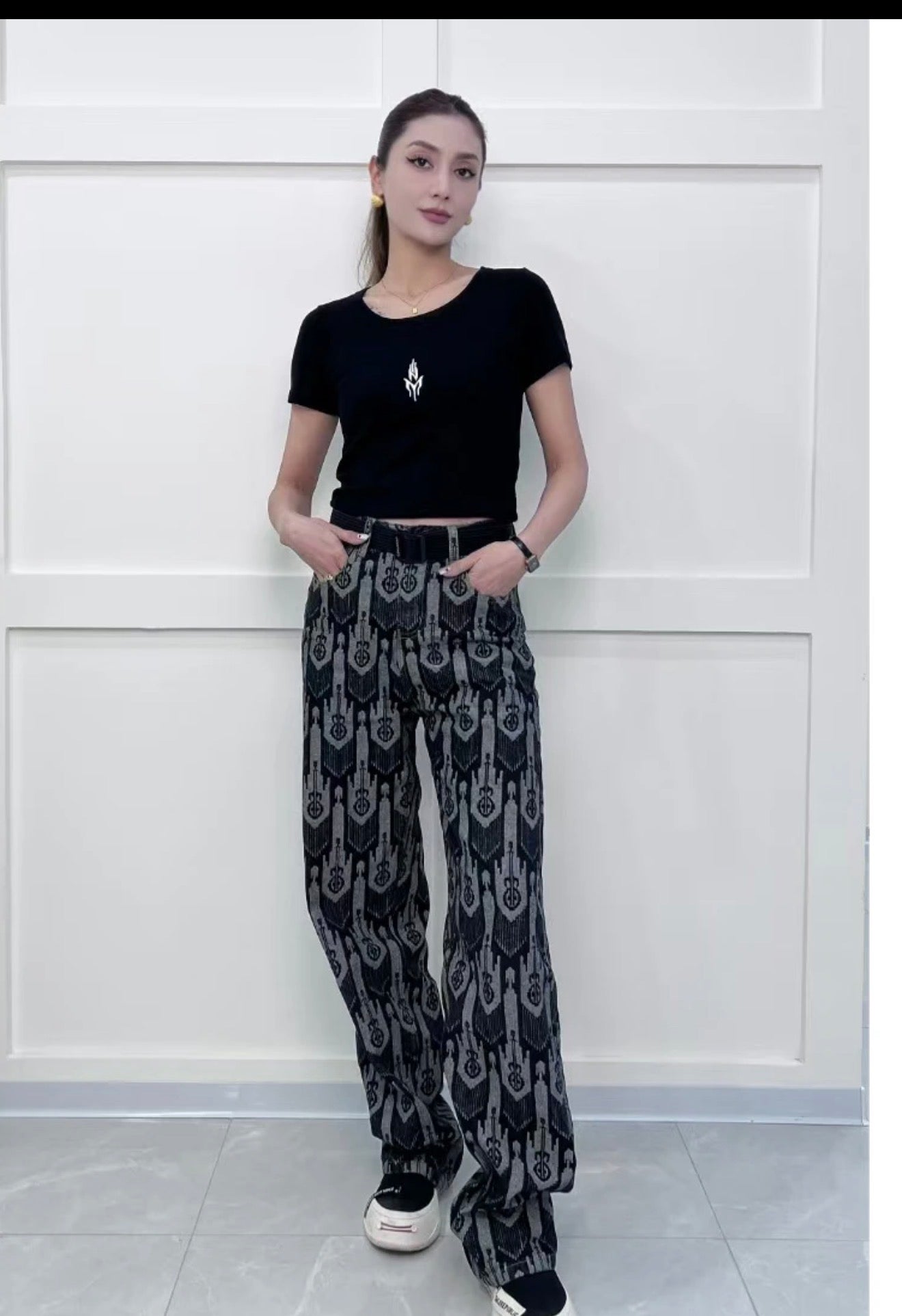 Women’s Grey Printed Wide Leg Pants(165–175 lbs)