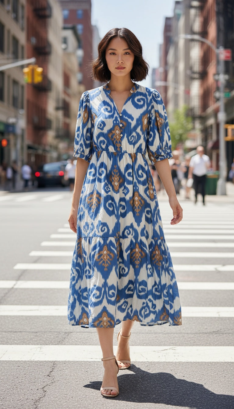 Women’s Atlas Ikat Maxi Dress – Blue & Brown Pattern