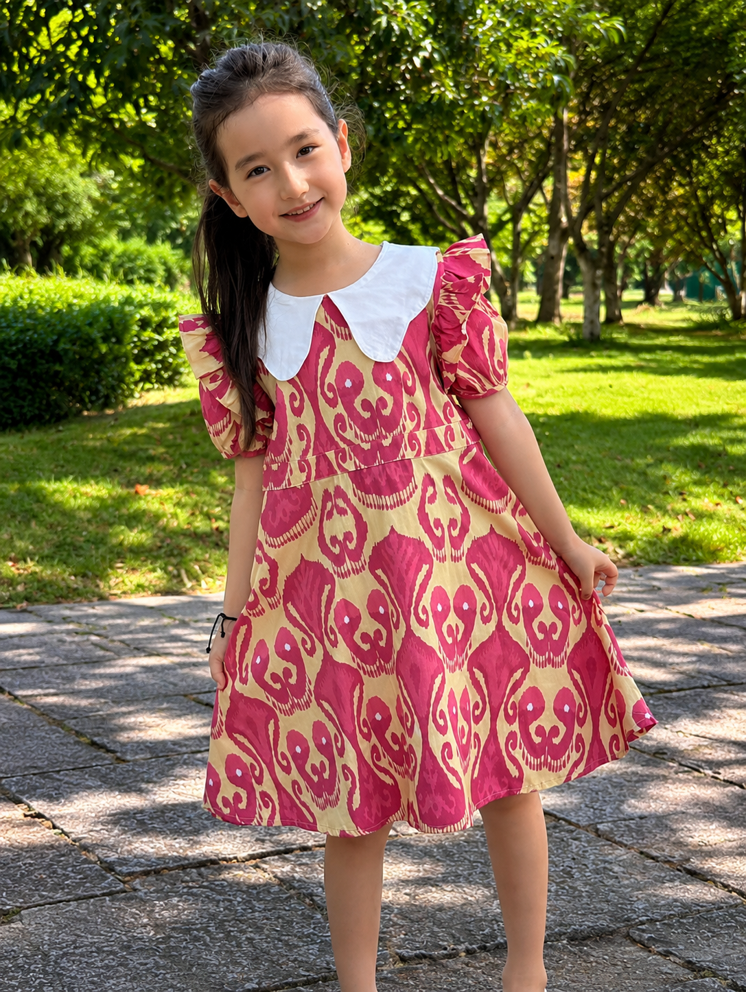 Girls Ikat Cotton Dress – Puff Sleeve Summer Dress with Atlas Pattern