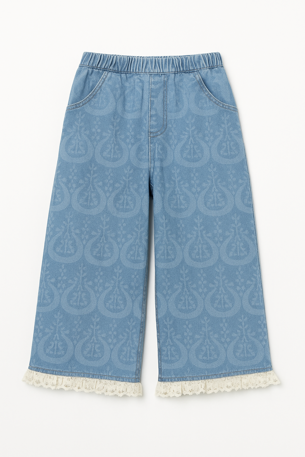 Blue Ikat Wide-Leg Denim Pants