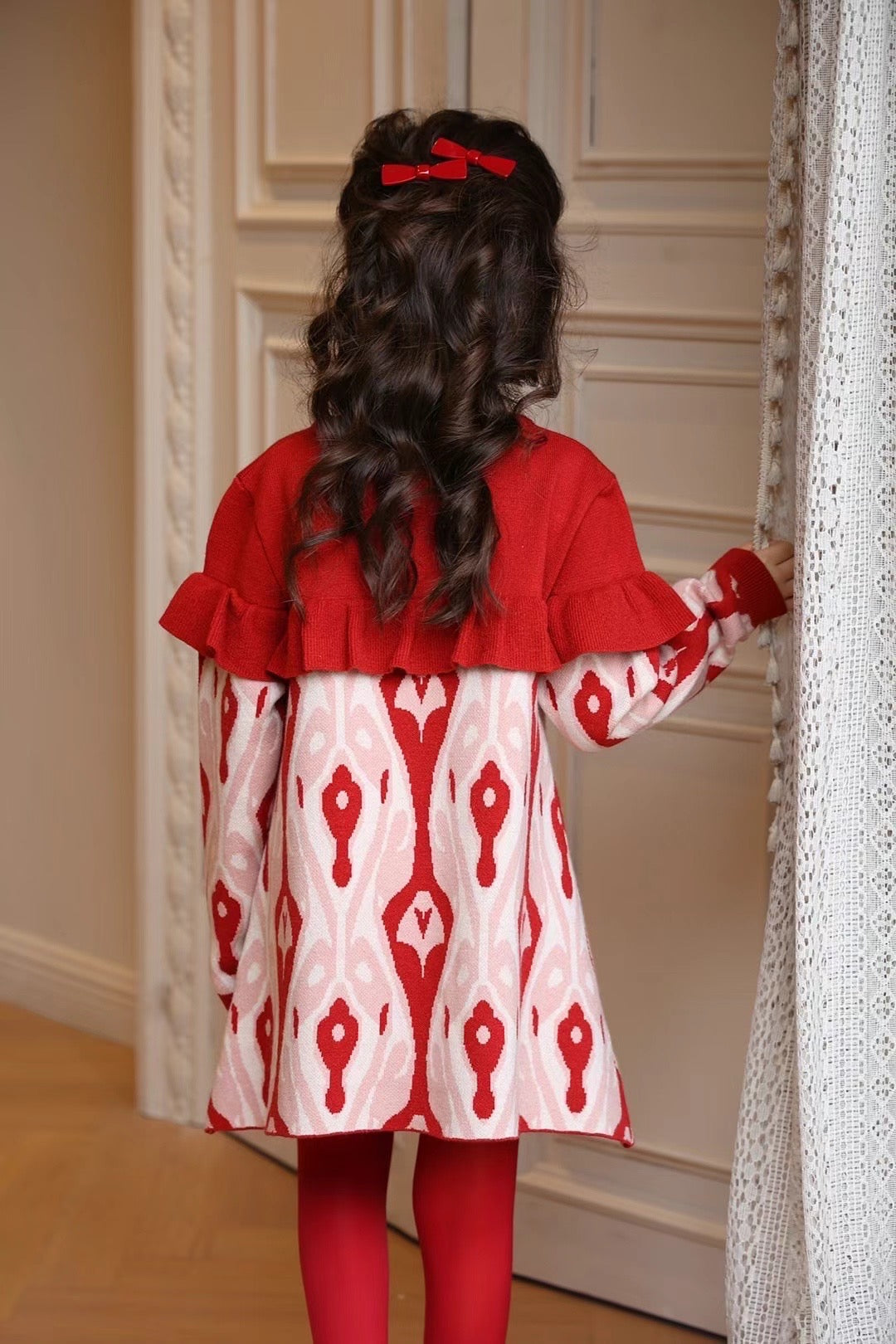 Girls’ Knit Dress – Red Ikat Pattern
