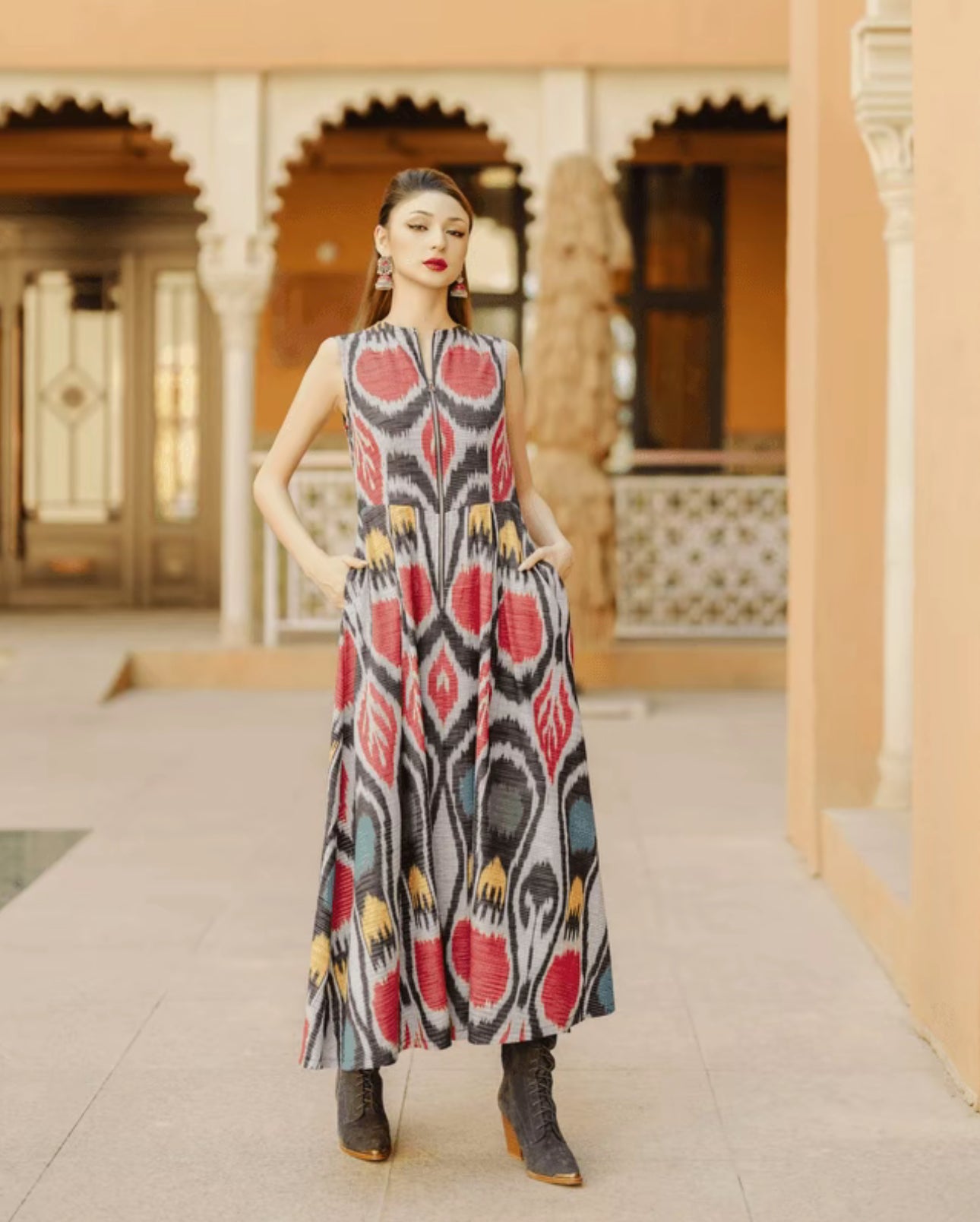 Elegant Sleeveless Ikat Maxi Dress – 100% Cotton-Linen Blend