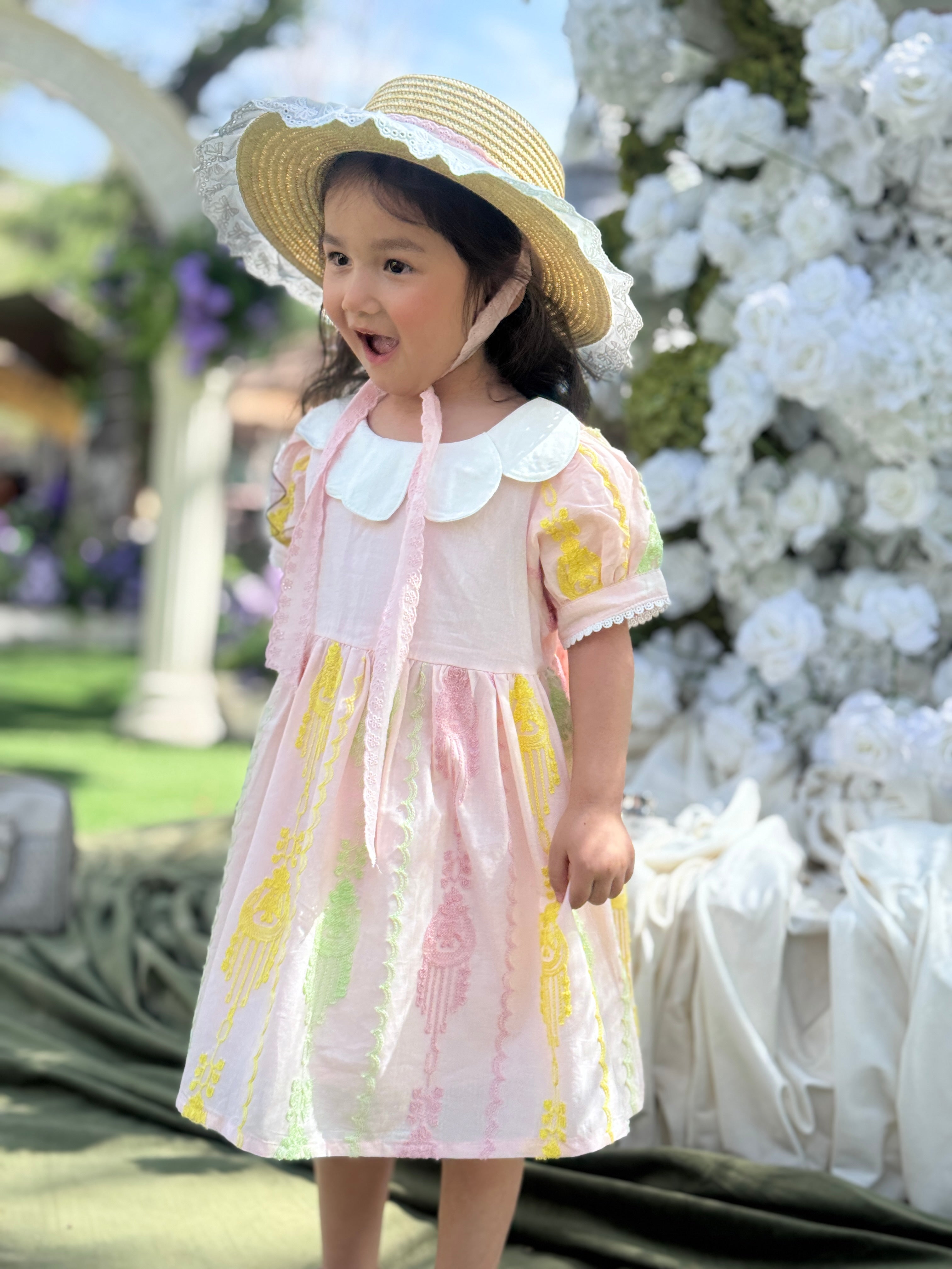 Girls Premium Cotton Atlas Dress – Soft Pink Elegant Summer Dress with Peter Pan Collar