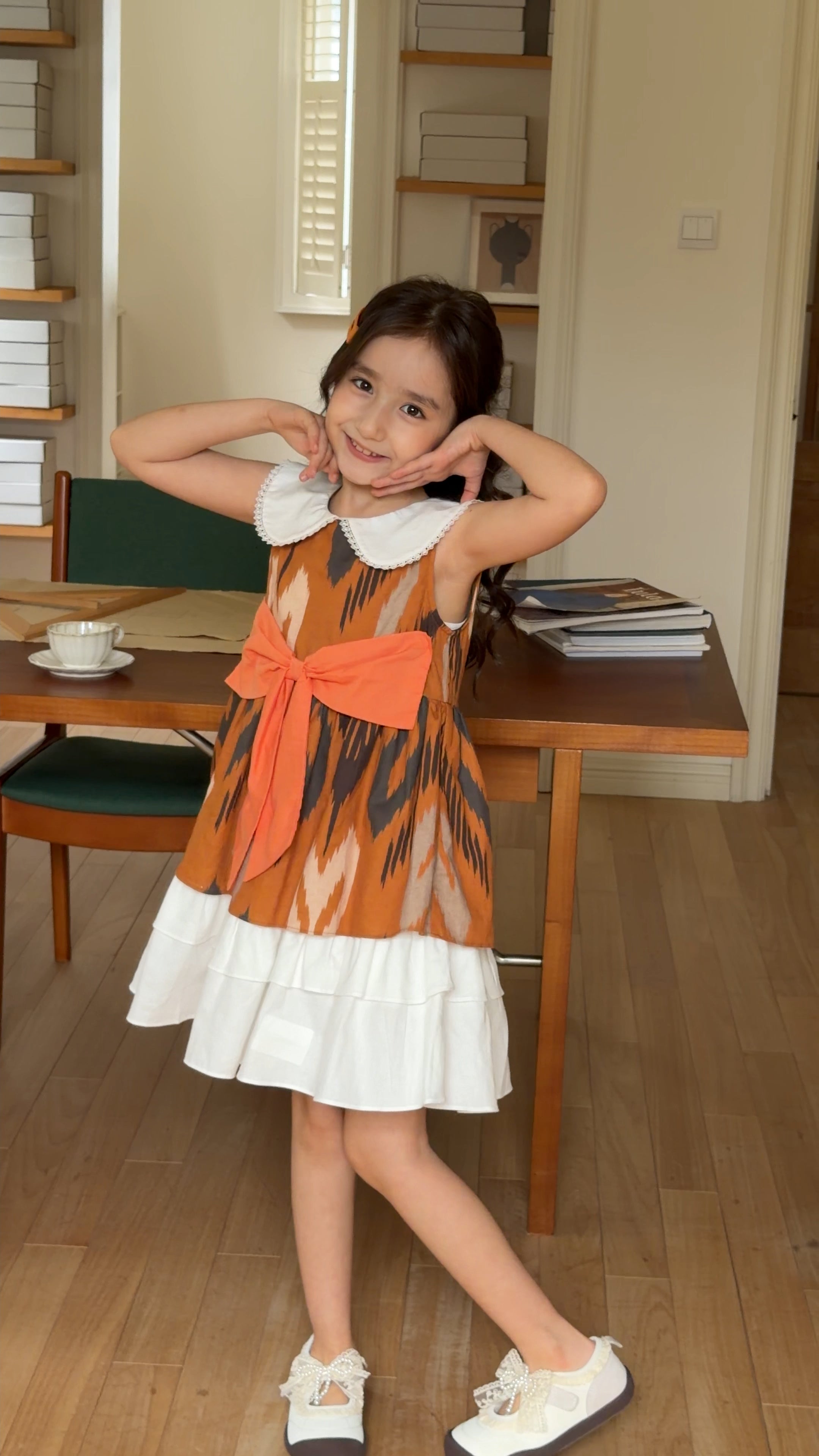 Girls Atlas Ikat Princess Dress with Bow – Elegant Cotton Party Dress