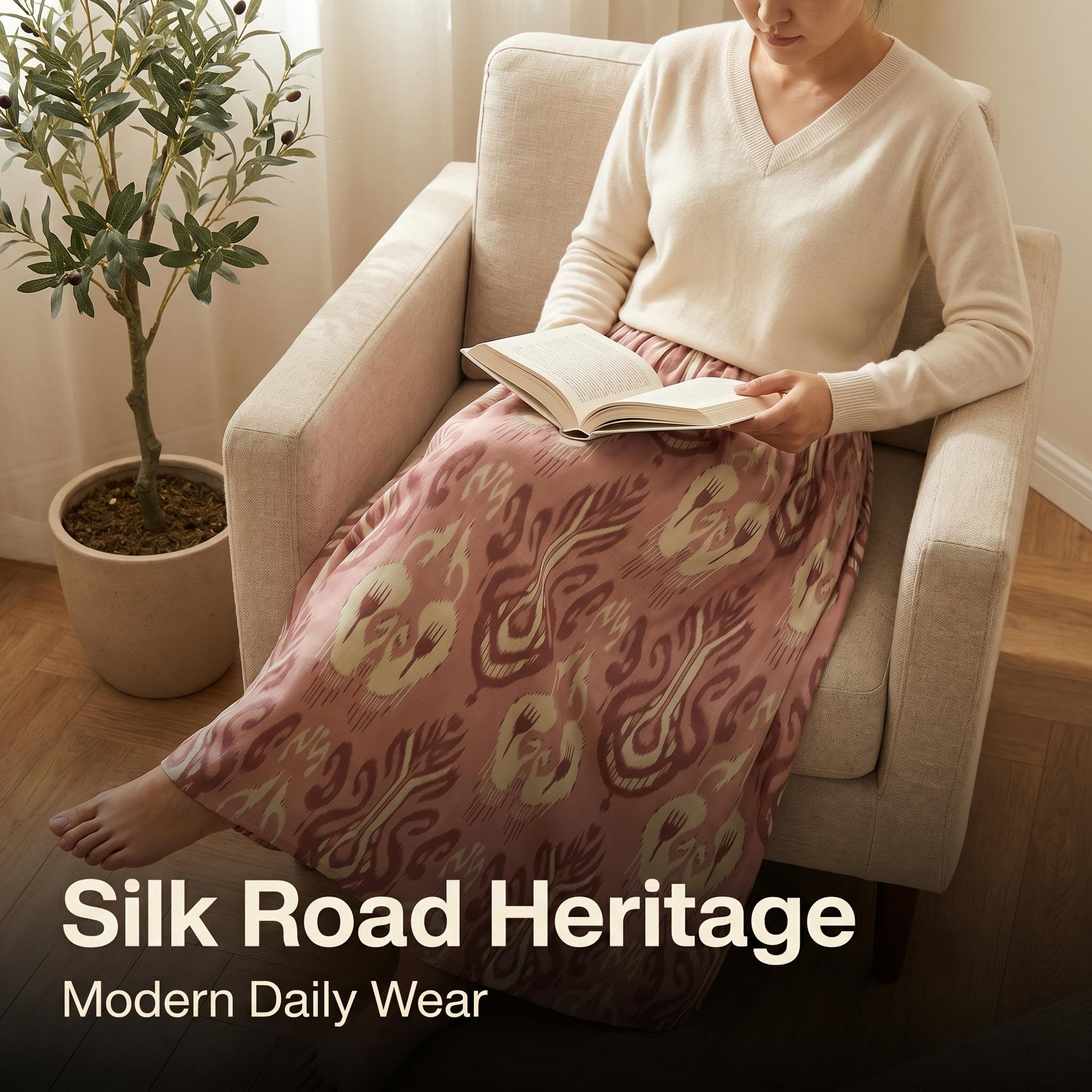 Blush Bloom Ikat Linen Maxi Skirt – 100% Linen Heritage A-Line Skirt (One Size)