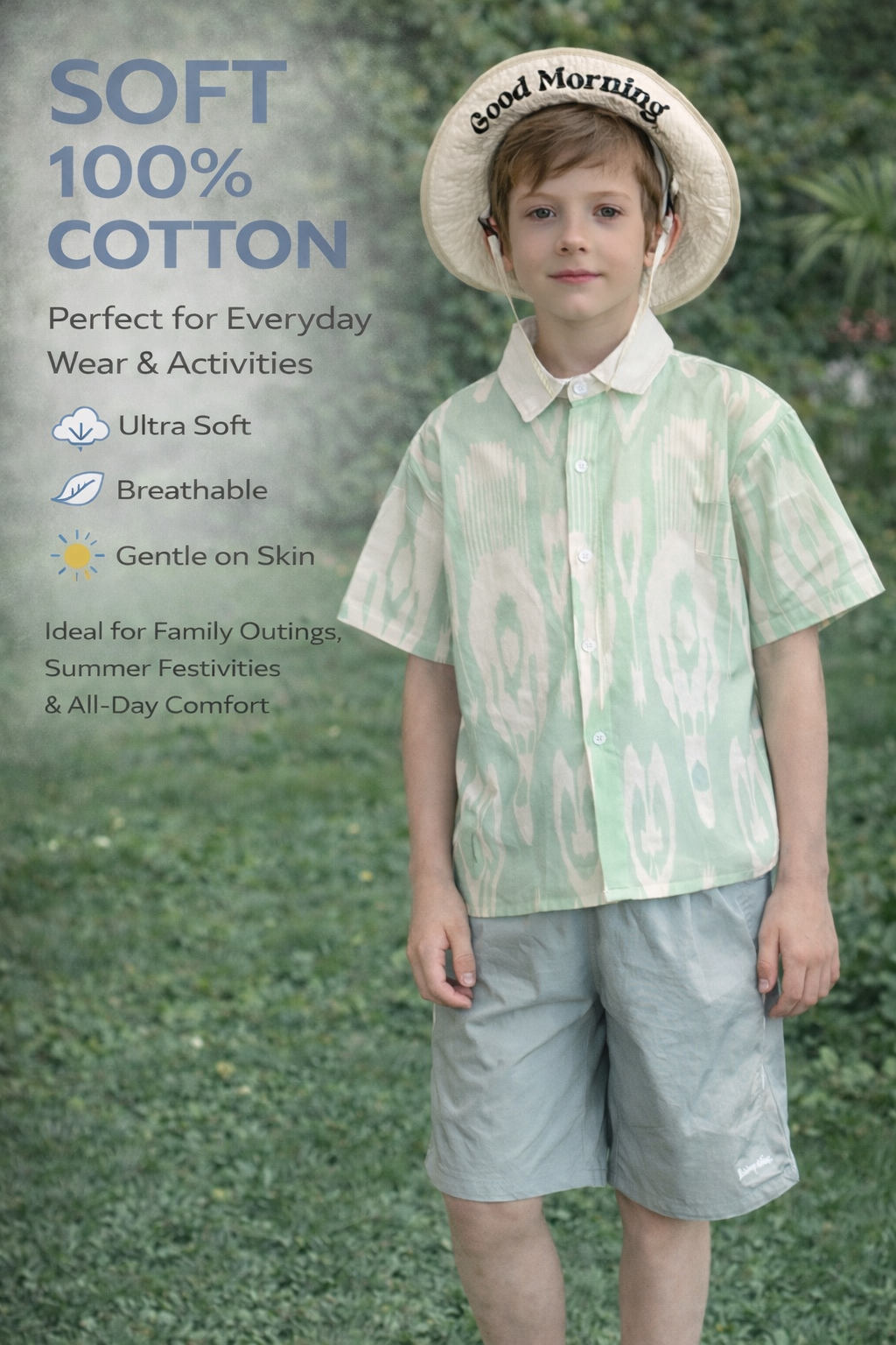 kids wearing mint green ikat shirt breathable cotton summer clothing
