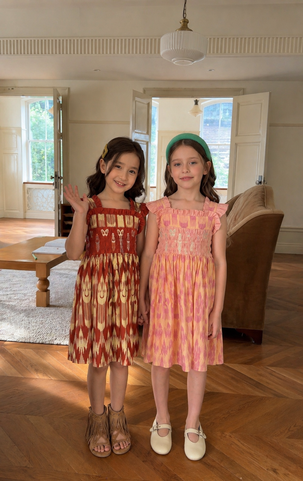 Girls Cotton Atlas Dress – Smocked Ikat Dress (Red & Pink)