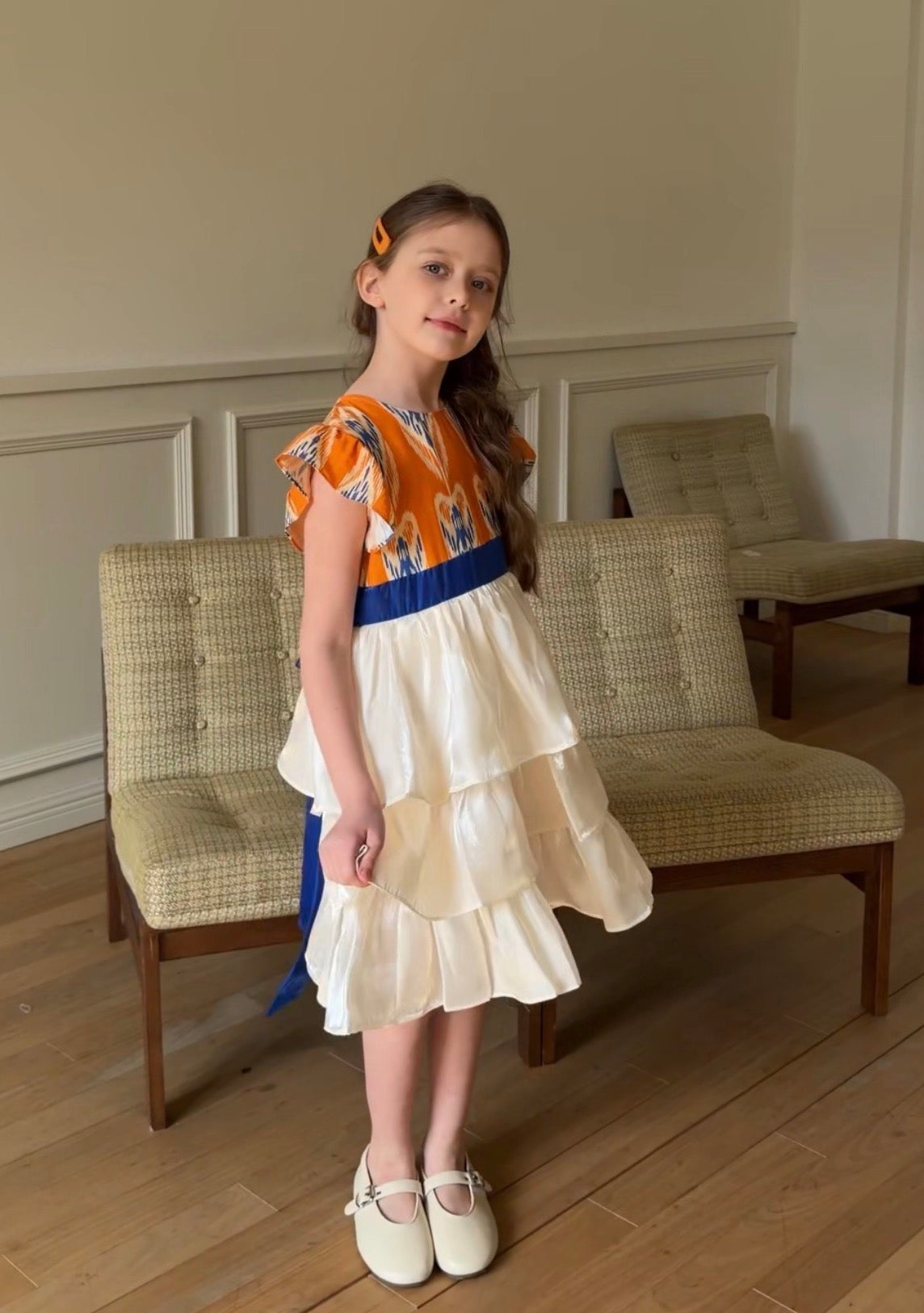 Girls Atlas Ikat Princess Dress – Layered Cotton Dress with Ribbon Waist