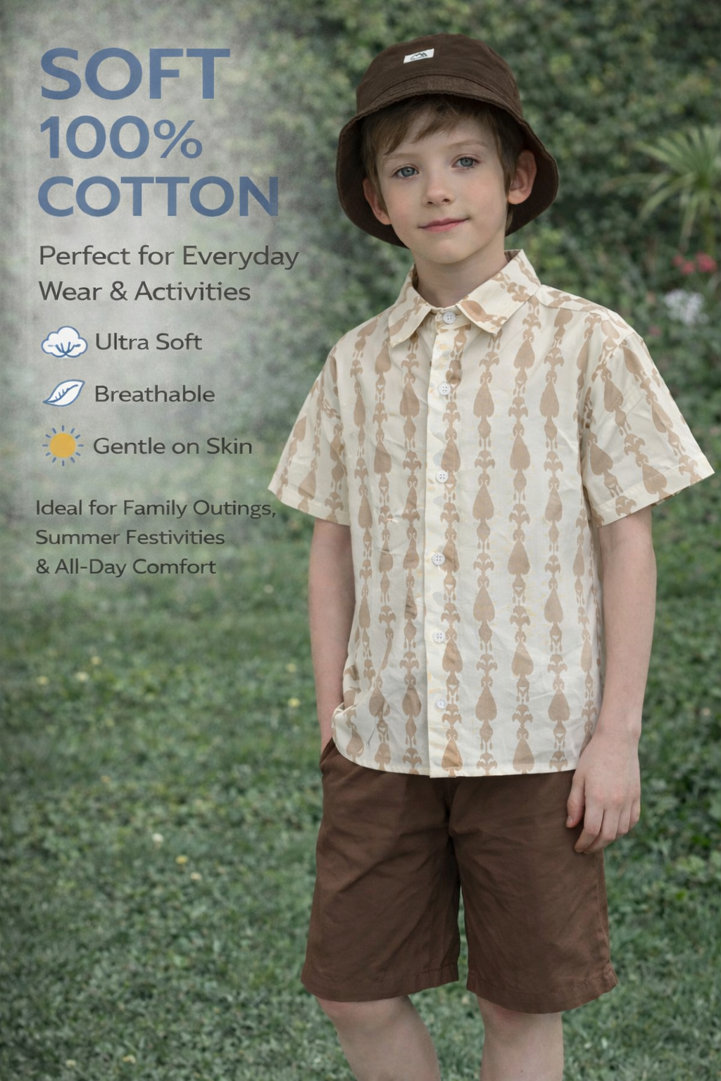 Boys Ikat Cotton Shirt – Atlas Pattern Short Sleeve Summer Shirt (Neutral Tone)