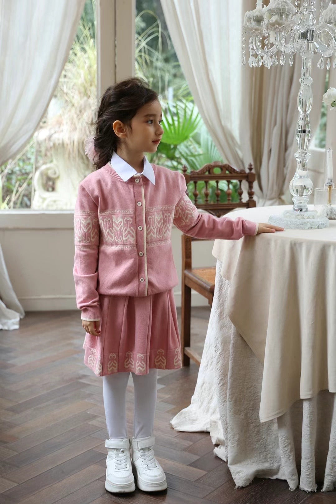 Girls’ Knit Two-Piece Set – Soft Pink Cardigan & Skirt